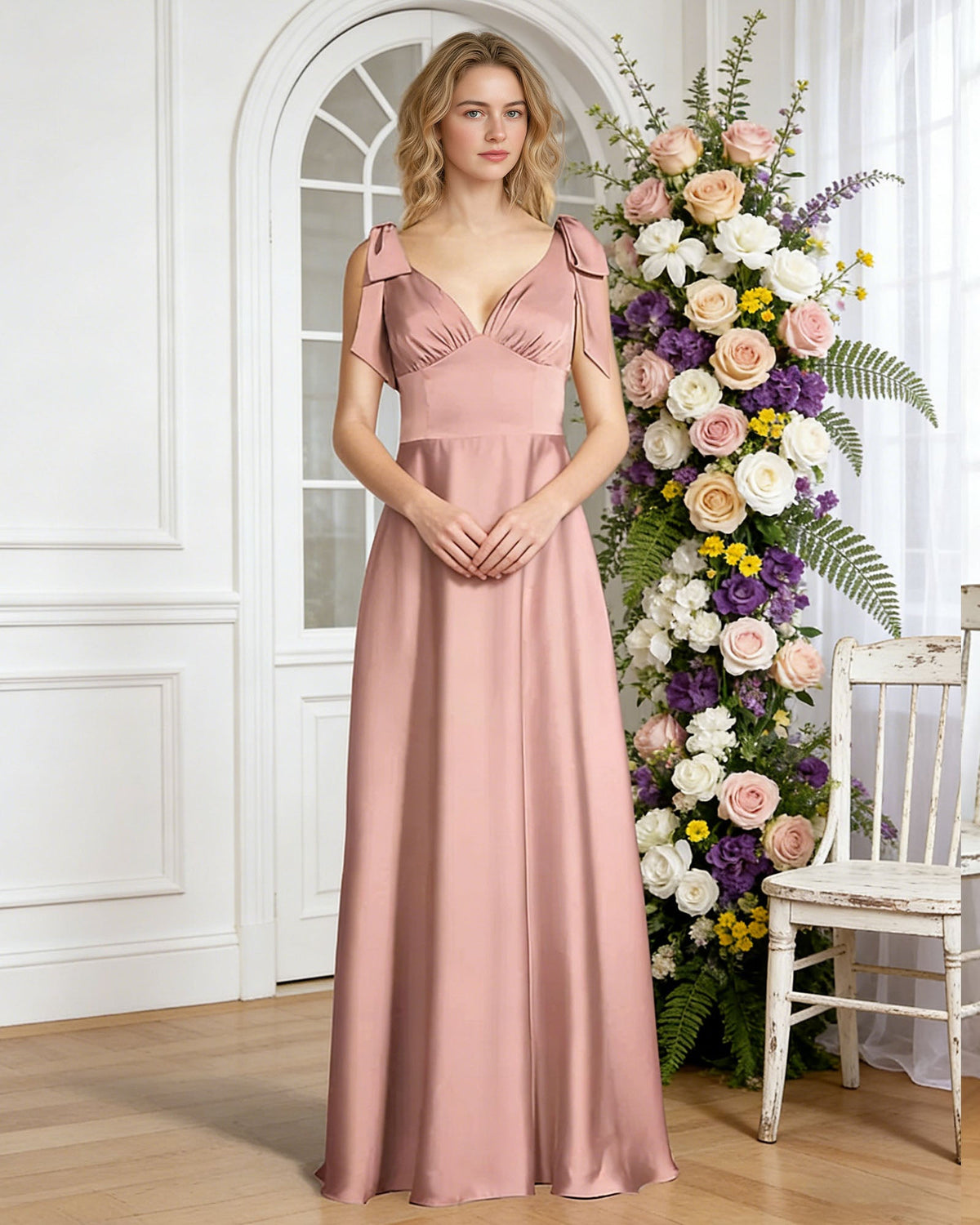 Blush satin V-neck bridesmaid dress with bow shoulder straps and empire waist, clasped hands