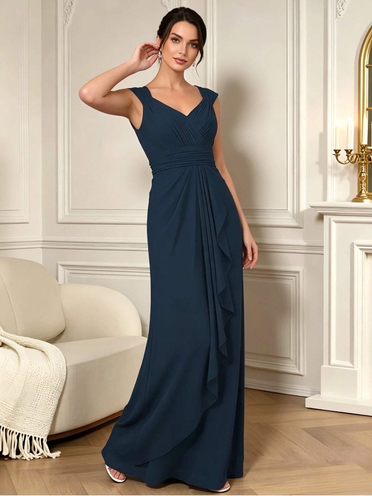 long sleeveless V-neck chiffon mother of the bride gown with pleated bodice and cascading ruffle detail back or alternate view of the elegant bridal party dress design