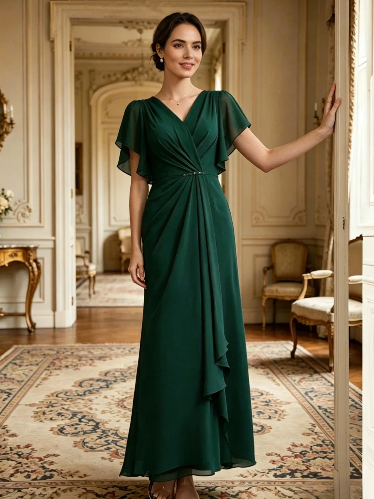 Deep green chiffon A-line mother-of-the-bride gown, V-neck bodice and flutter sleeves