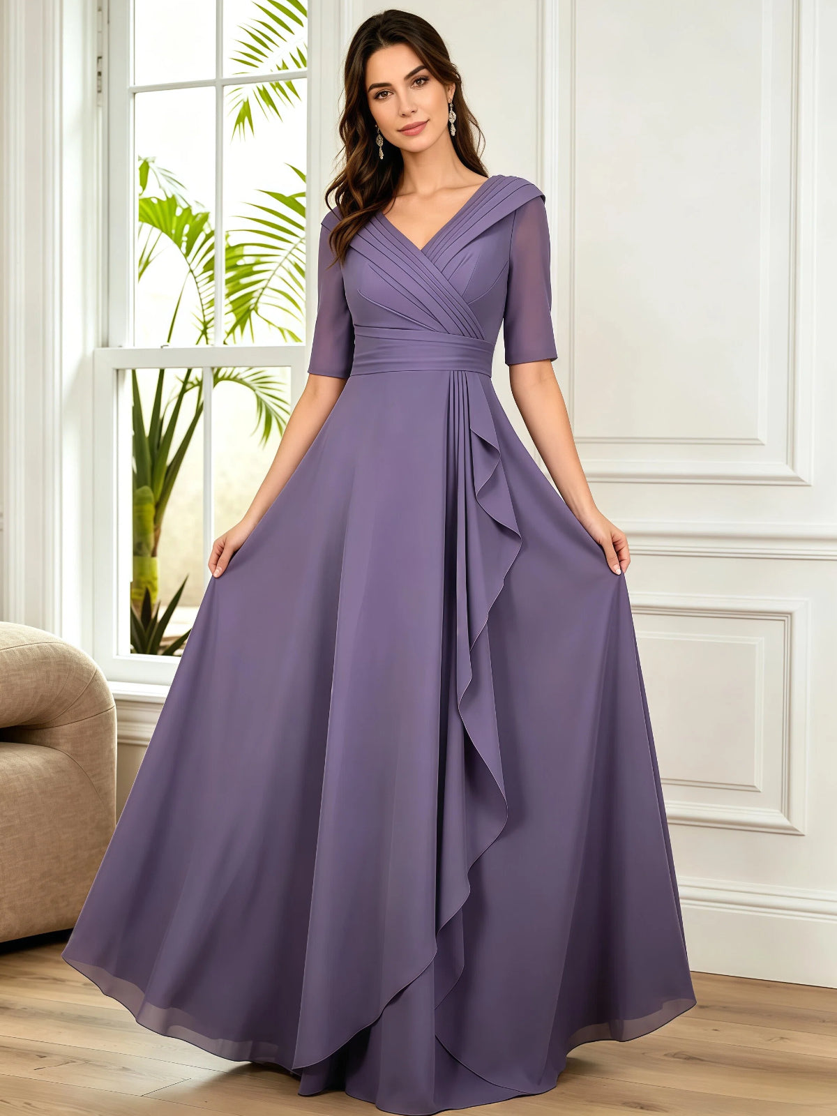 Lilac chiffon V-neck A-line dress with half sleeves and layered side skirt panel