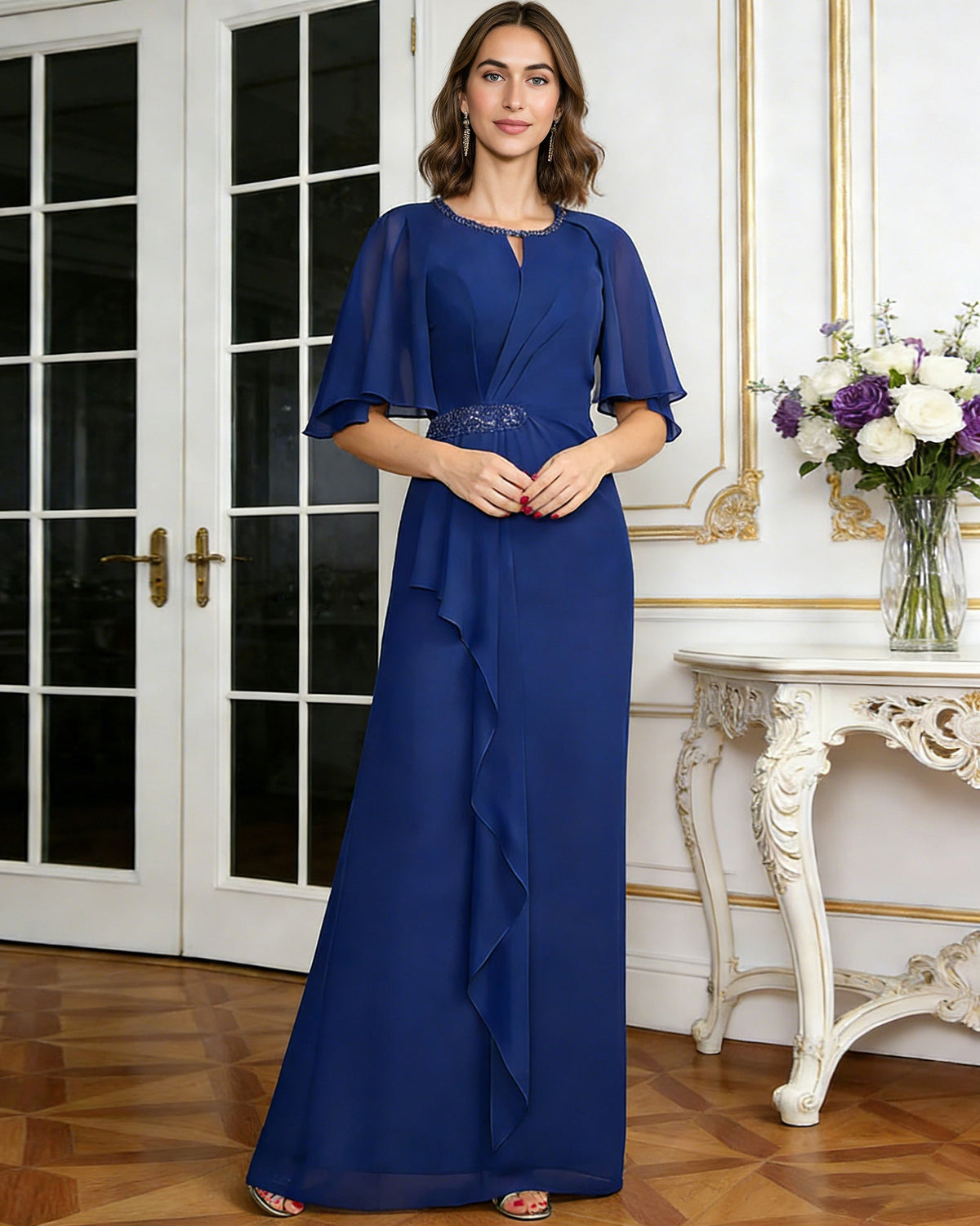 Royal blue chiffon A-line dress with flutter sleeves and beaded waistband, front drape