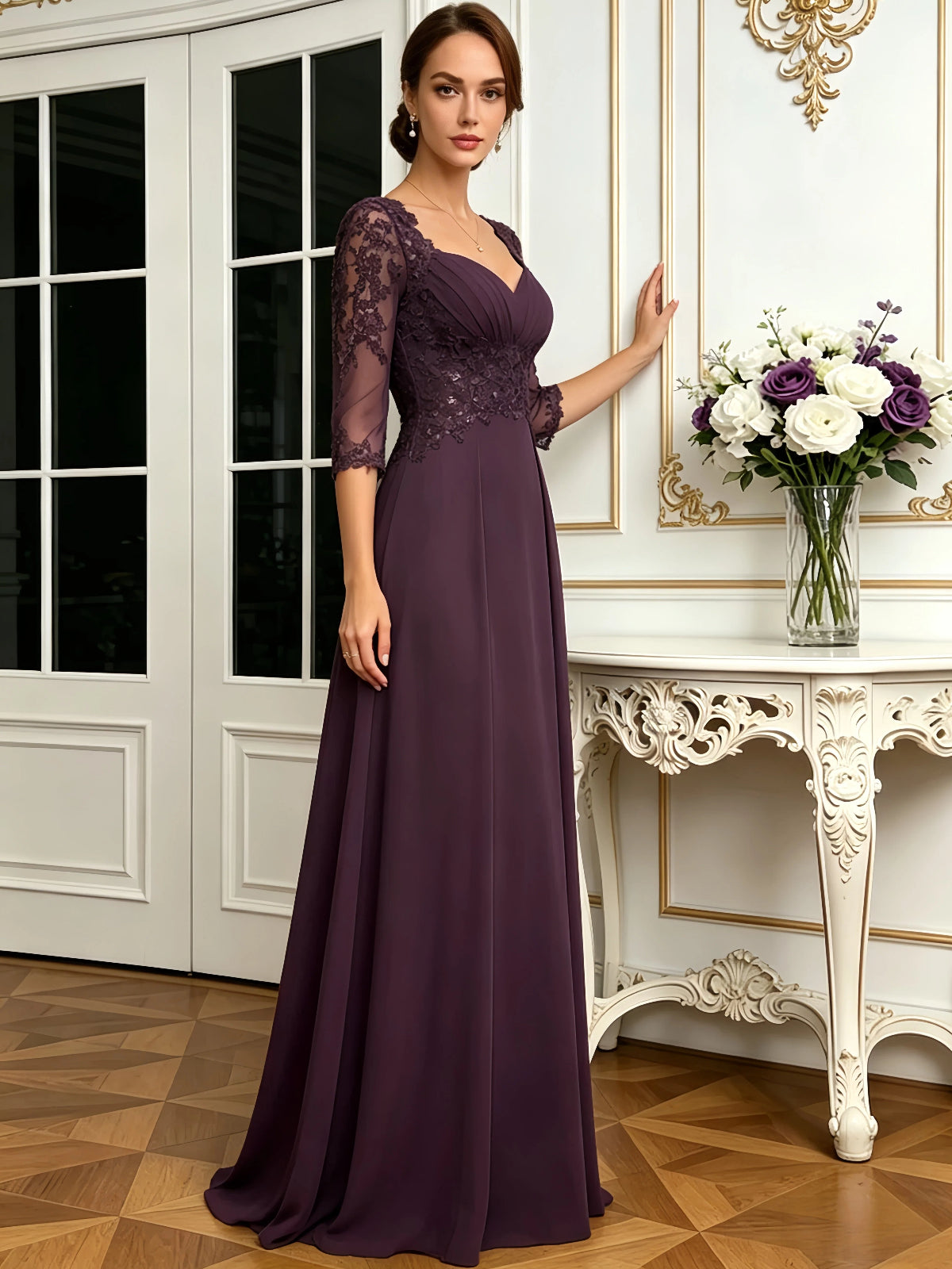 long sweetheart mother of the bride dress with lace jacket, chiffon skirt, and A-line silhouette front detail highlighting the neckline, waist, and sleeves