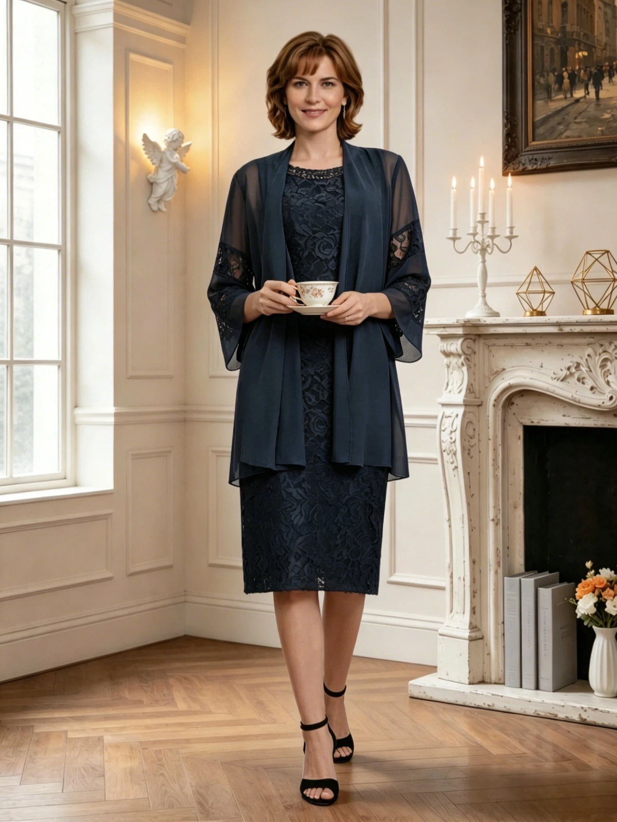 knee length lace mother of the bride dress with matching sheer chiffon jacket back or alternate view of the elegant bridal party dress design