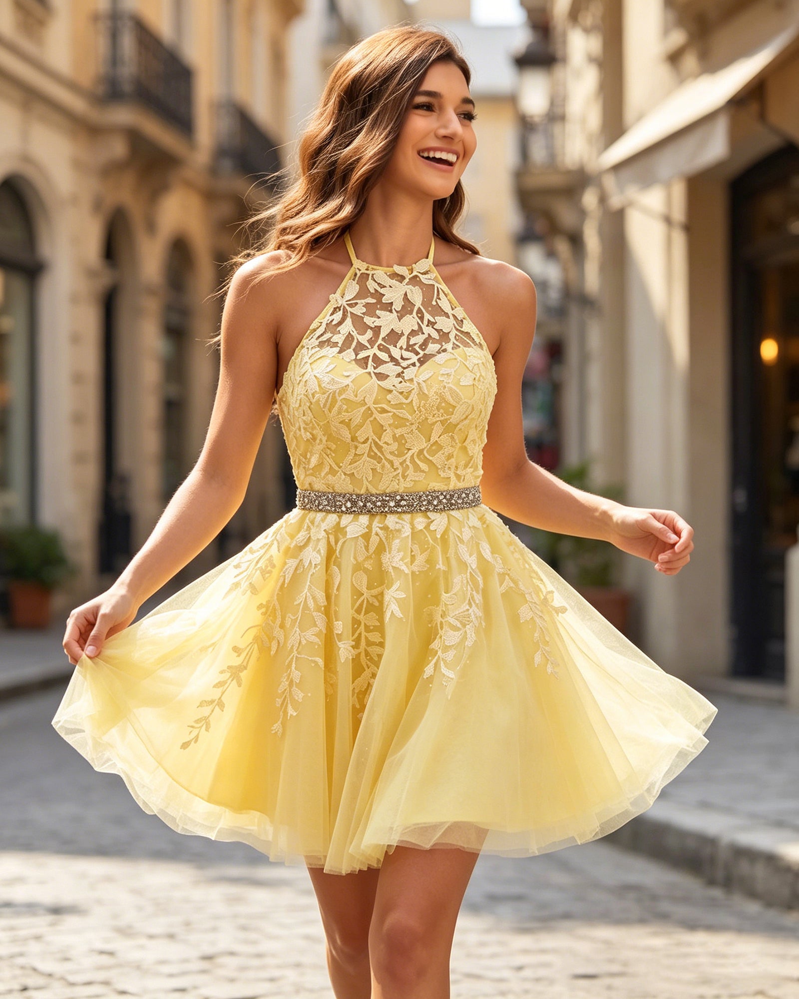 yellow halter floral lace tulle A-line homecoming dress with beaded waist - detail view