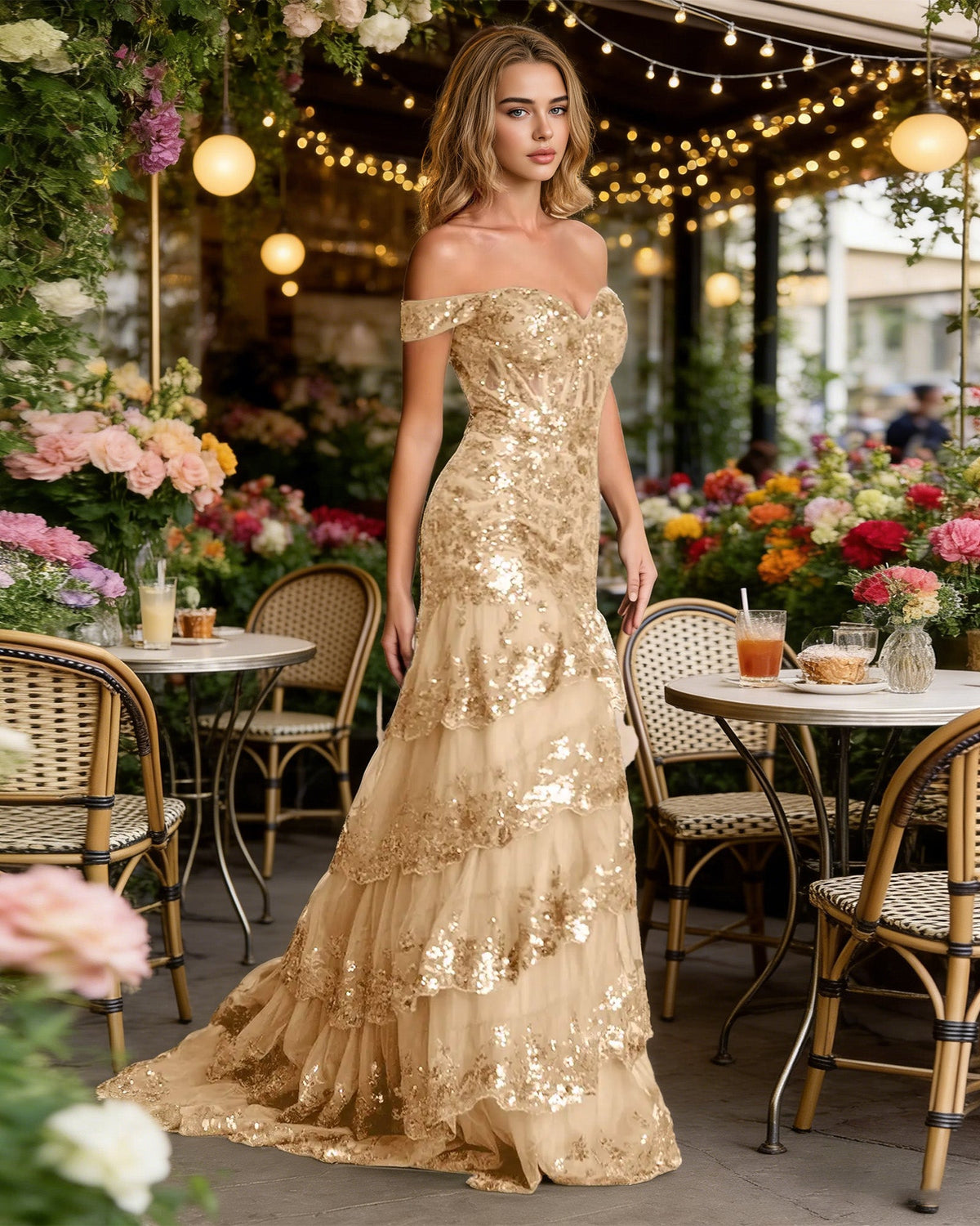 Gold off-shoulder sequin prom dress with corset waist and high slit