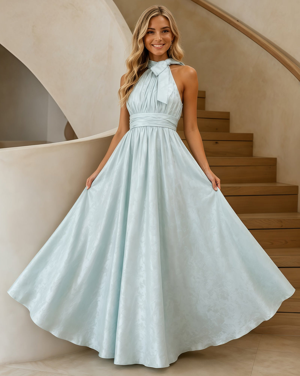 pleated halter-neck satin a-line formal dress - three-quarter view