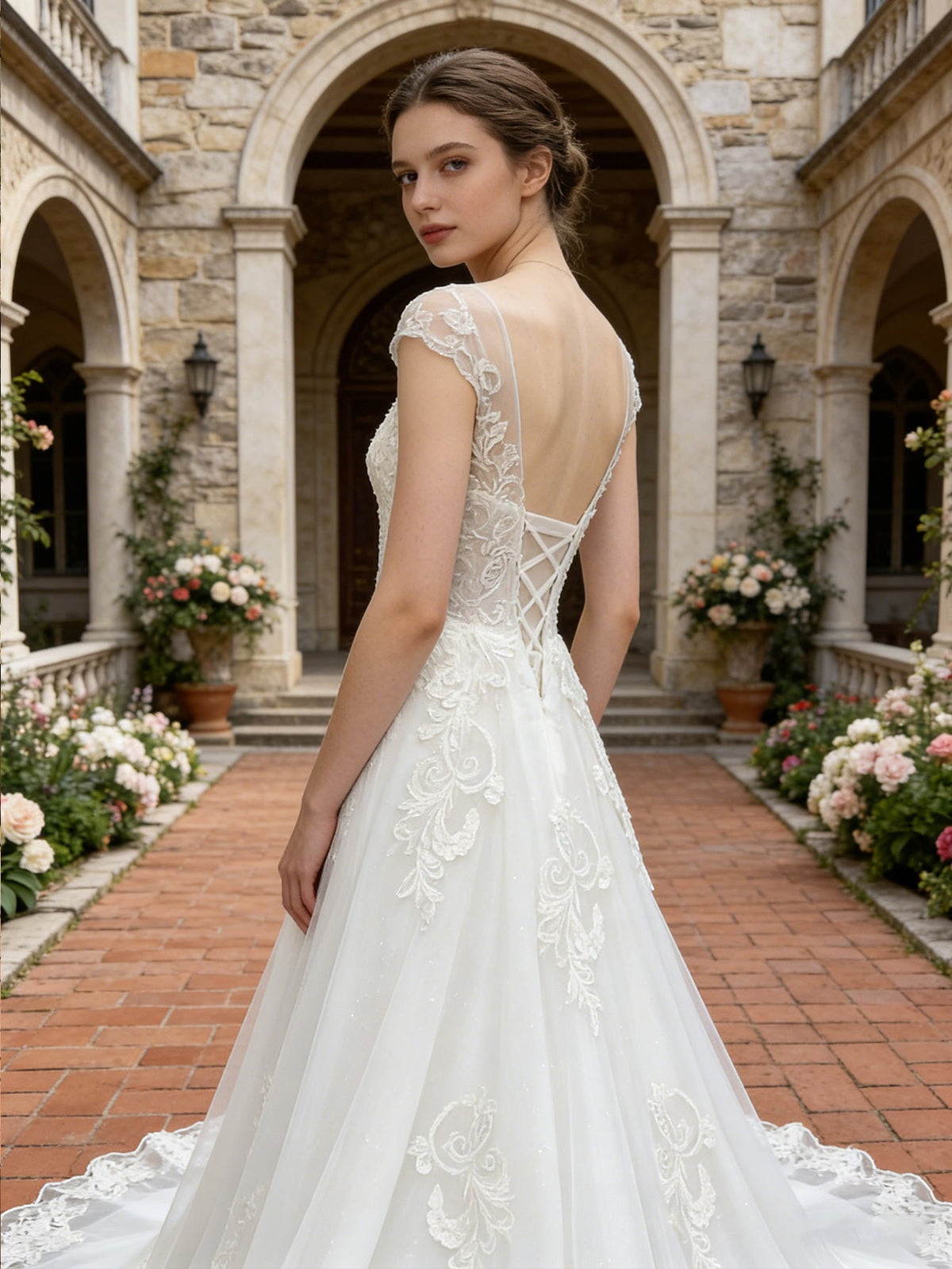 off shoulder lace A-line wedding dress with floral applique train - image 5