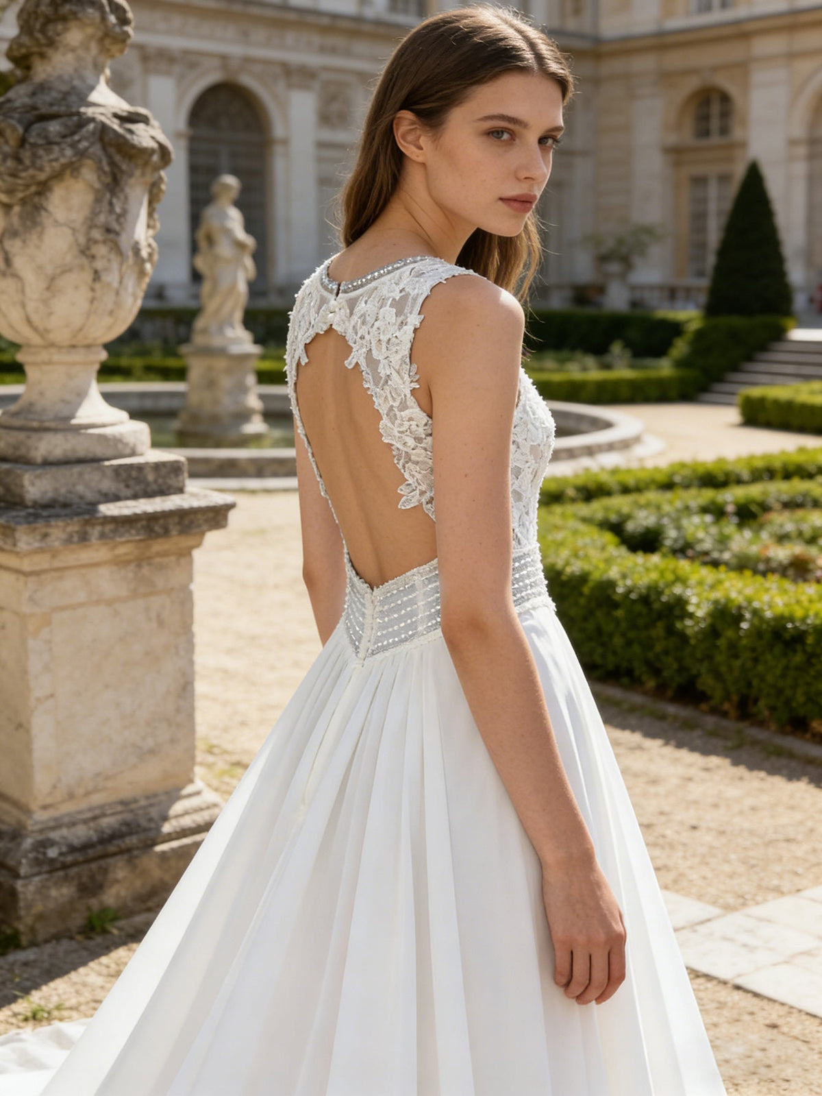 sleeveless V-neck lace tulle A-line wedding dress with illusion bodice - image 5