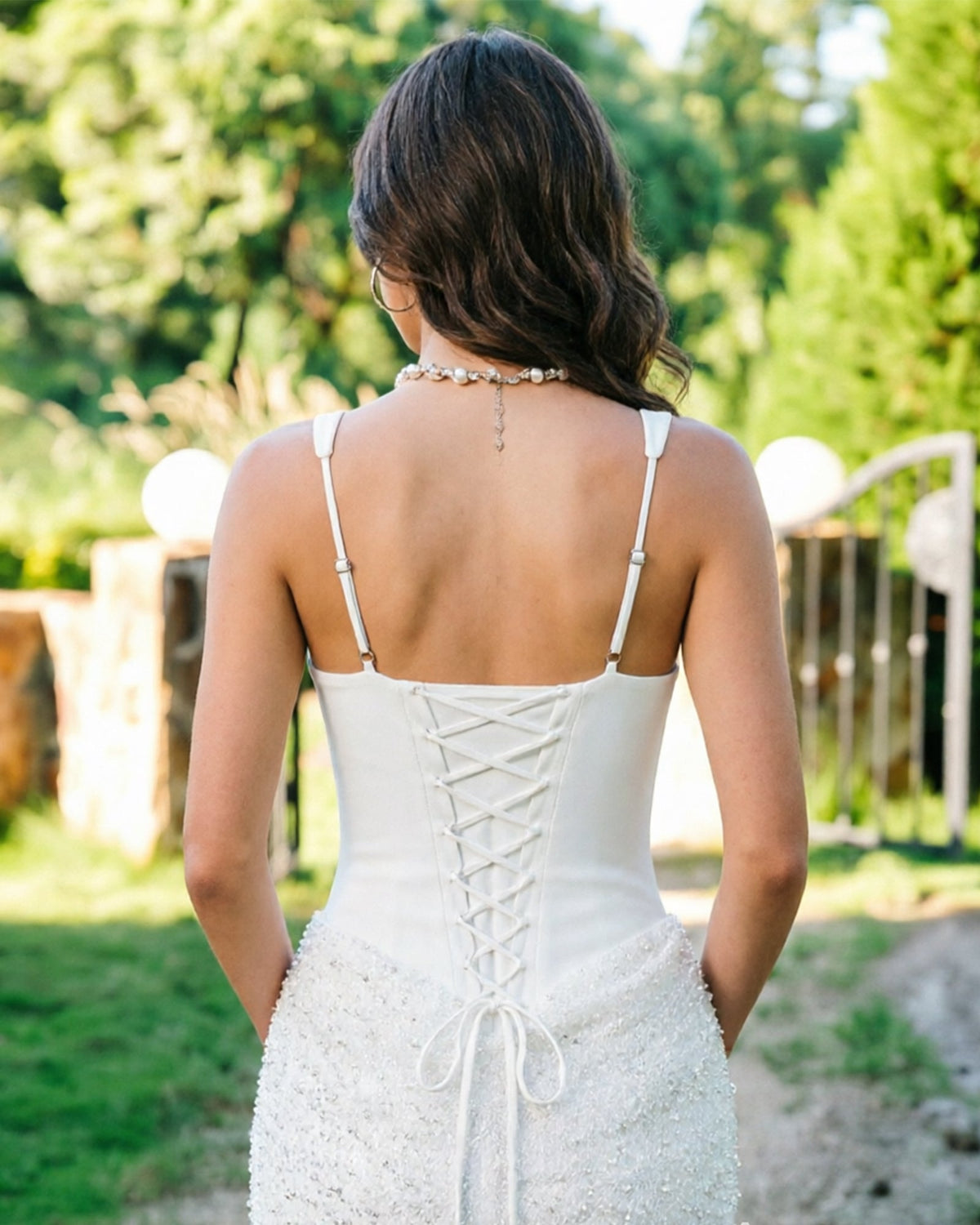 Square-neck sequin lace midi dress, white open-back lattice corset straps