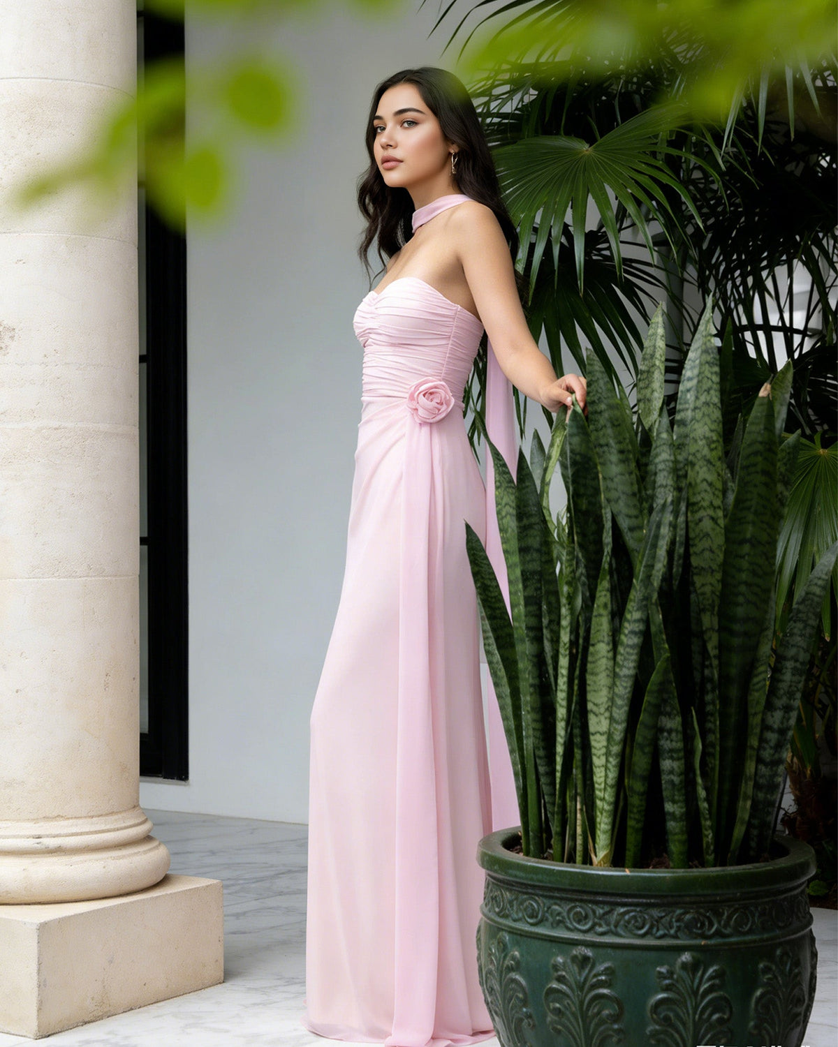 strapless chiffon bridesmaid dress with wrapped bodice and slit skirt - image 6