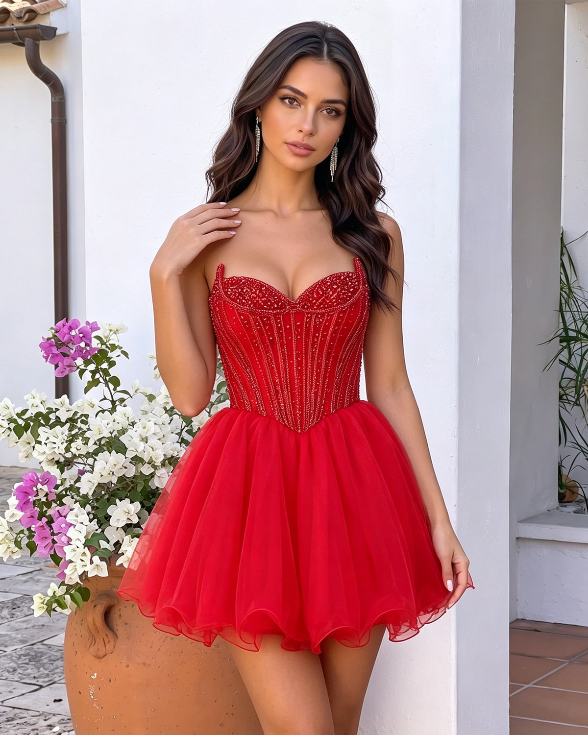 Red strapless sweetheart beaded corset mini tulle A-line dress, close-up bodice