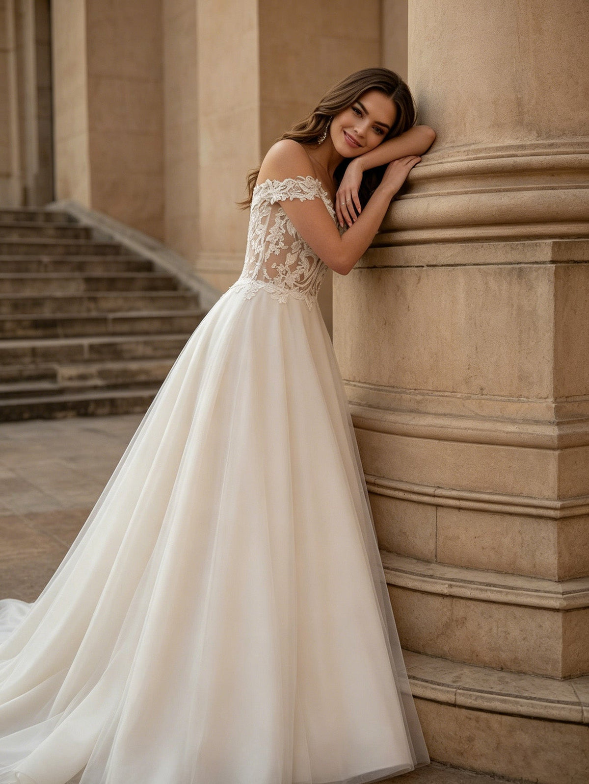 off shoulder lace A-line wedding dress with illusion bodice and train - image 5