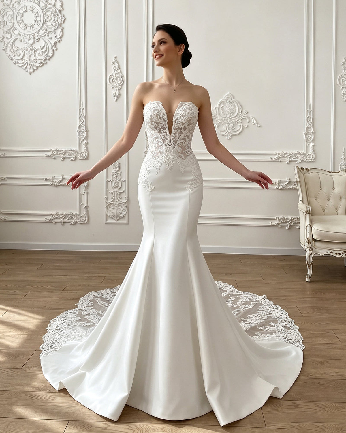 White strapless mermaid wedding dress with ornate lace bodice and chapel-length train