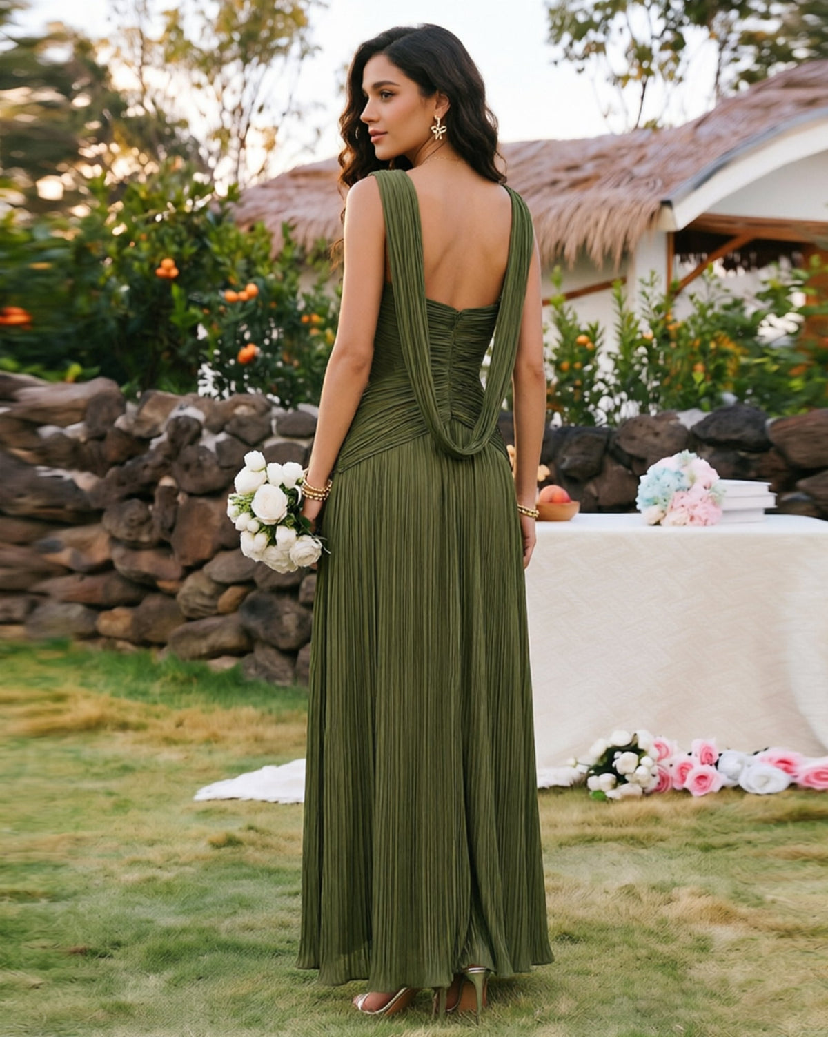 deep V-neck pleated formal dress with ruched waist and slit - image 5