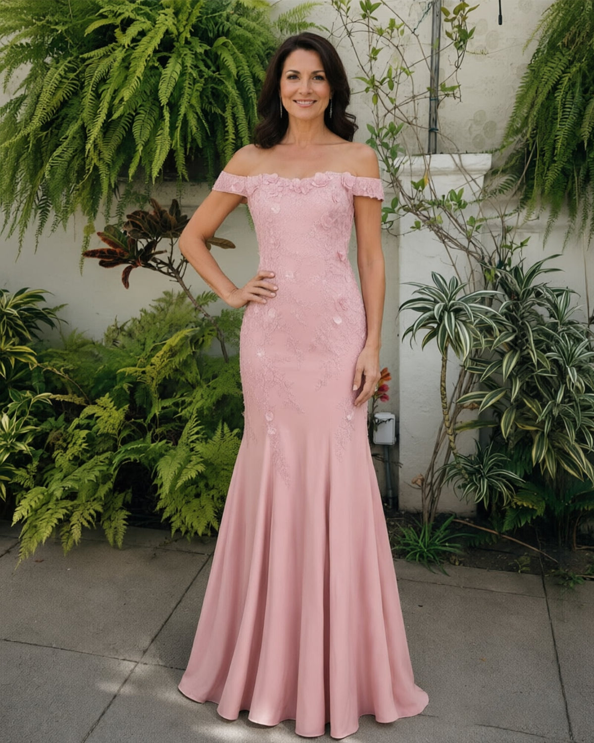 Blush pink off-shoulder lace mermaid mother-of-the-bride dress with flared trumpet hem