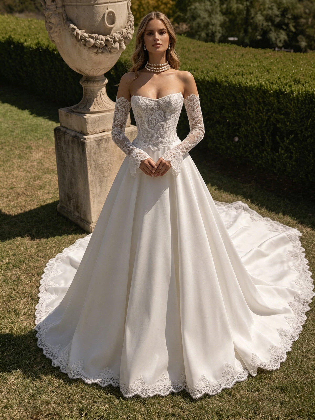 off shoulder lace ball gown wedding dress with corset back and train - image 5