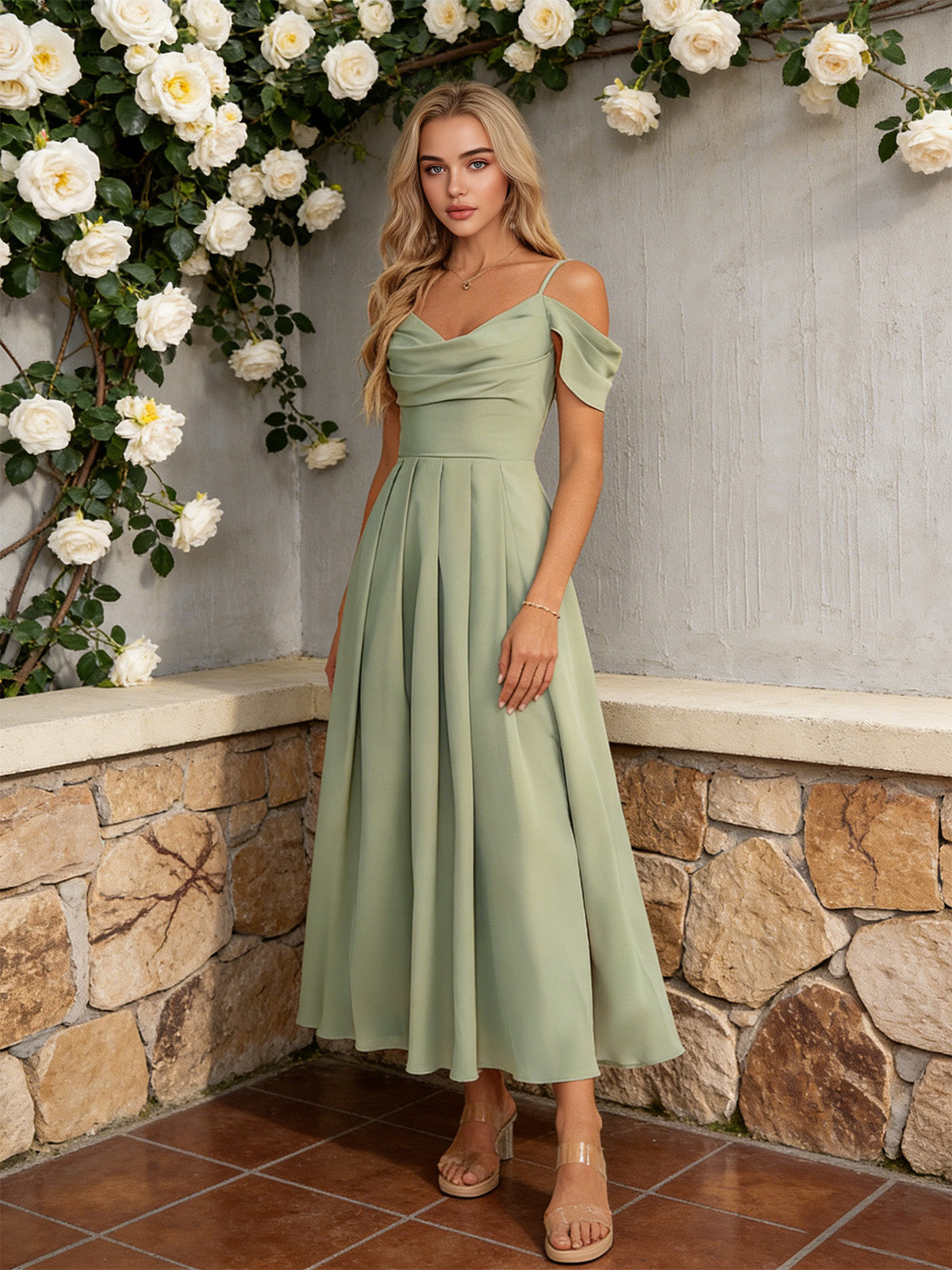 Sage green off-shoulder midi dress with pleated bodice and gathered flowing skirt