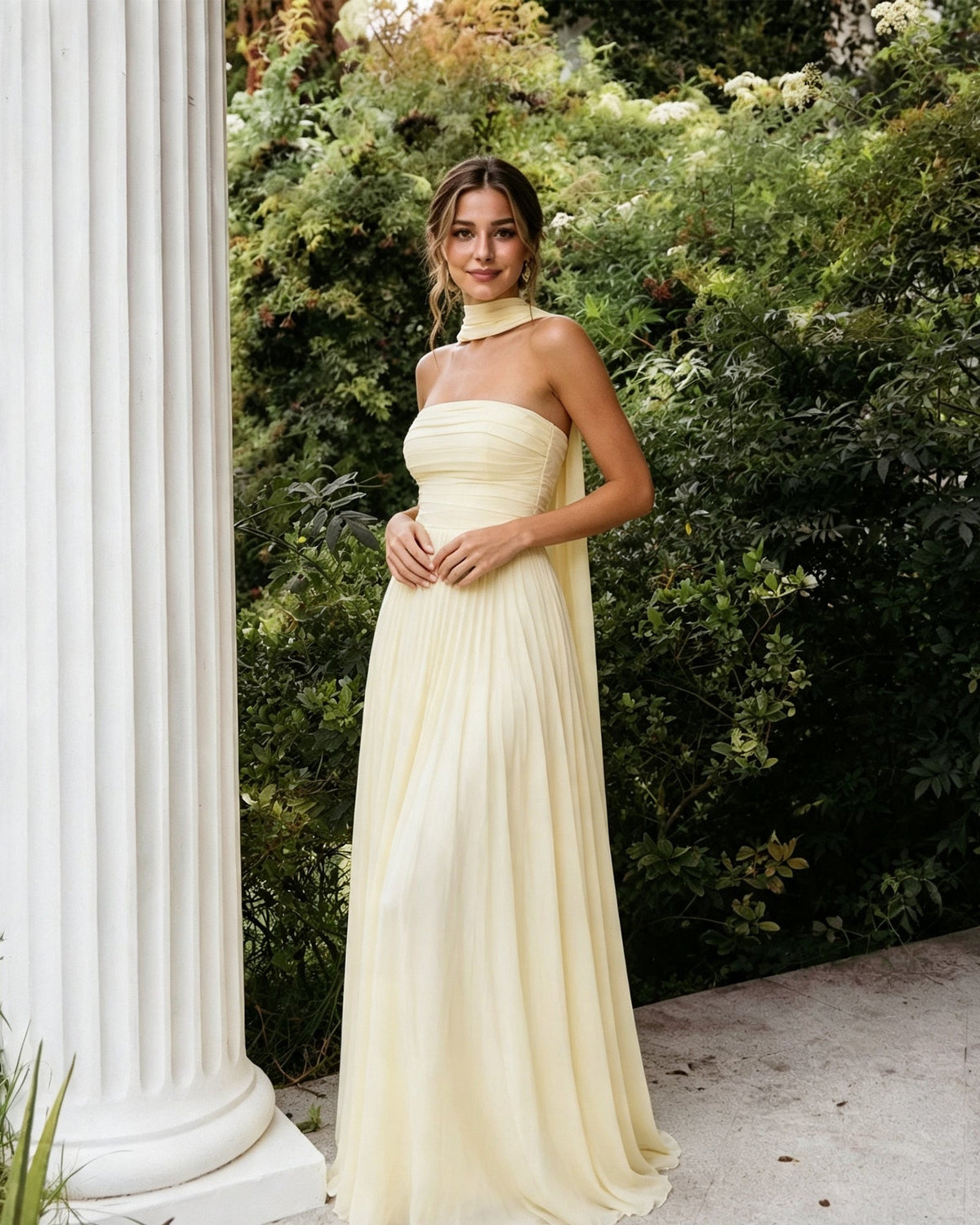 Strapless chiffon A-line bridesmaid dress with neck scarf, pale champagne yellow