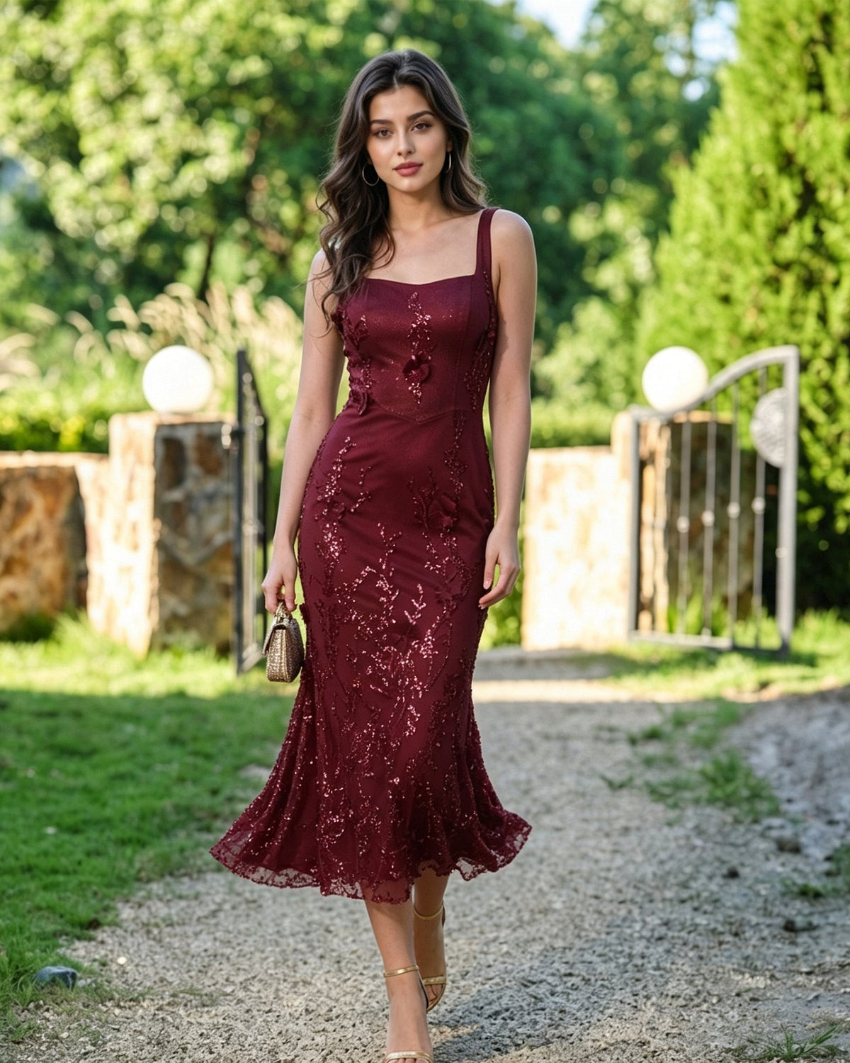 Burgundy sequin lace midi formal dress with floral applique and fitted skirt hem