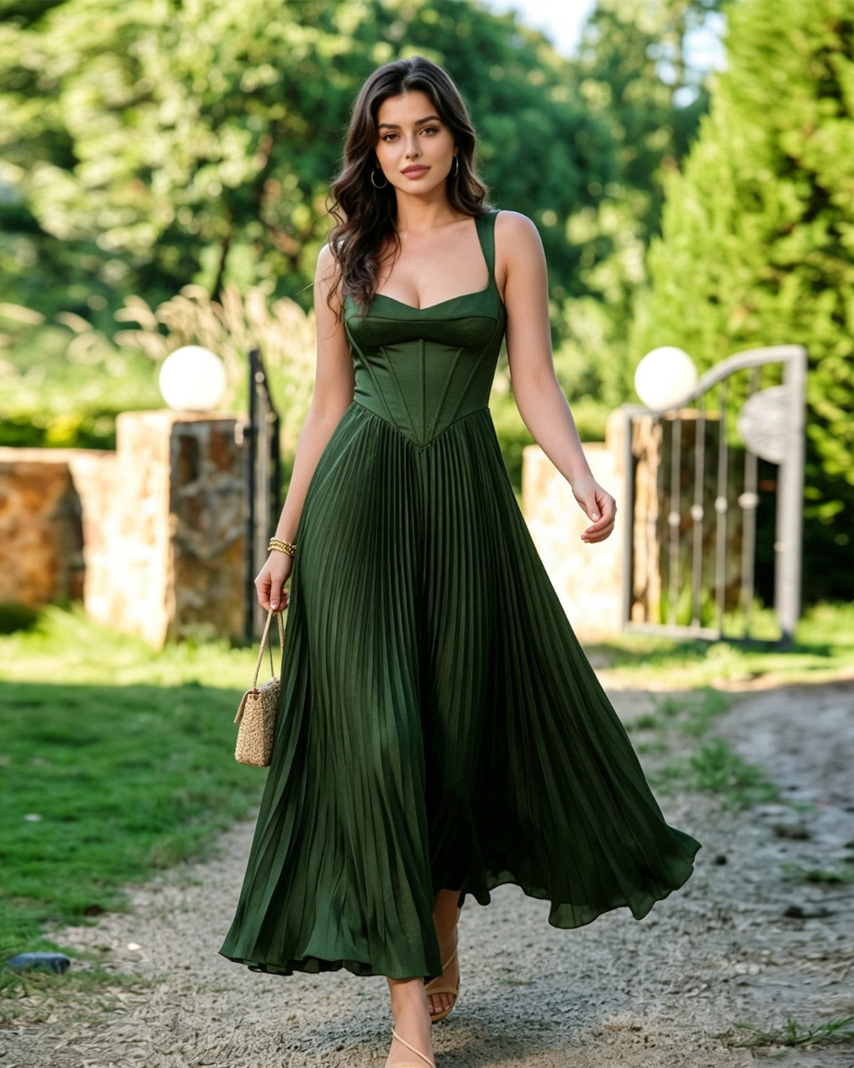 Square-neck corset pleated midi dress, dark green pleated midi with spaghetti straps