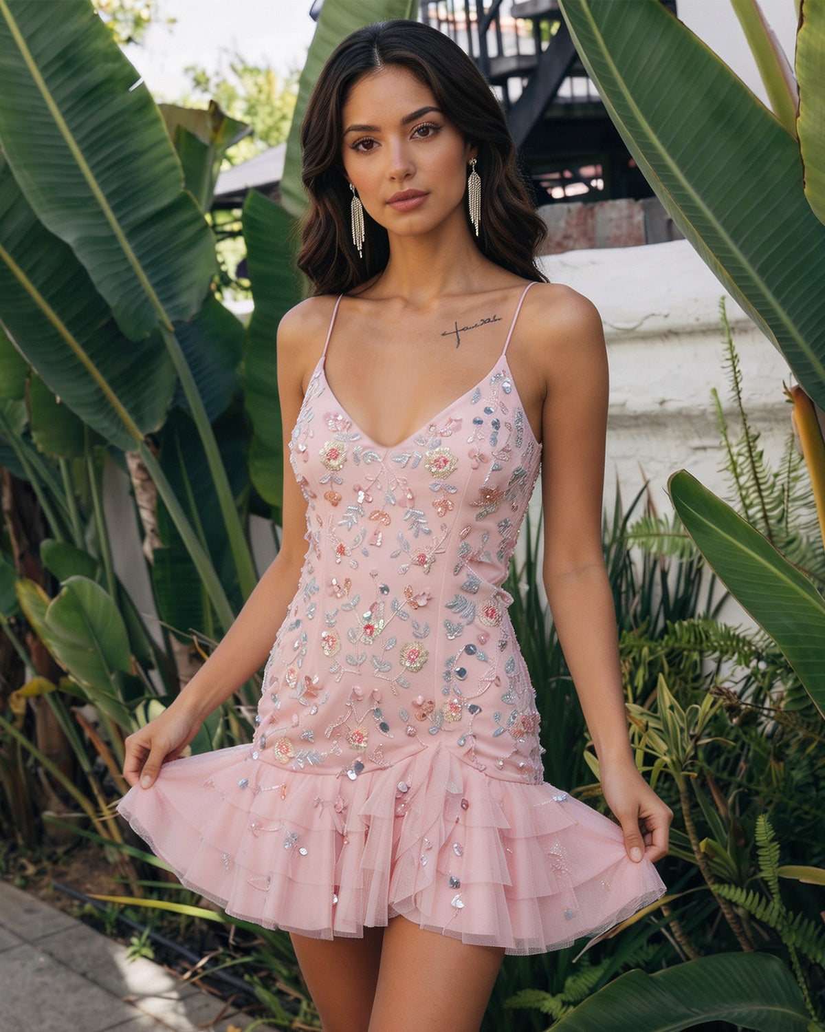 V-neck beaded mini homecoming dress with floral beadwork and layered ruffle skirt, pink
