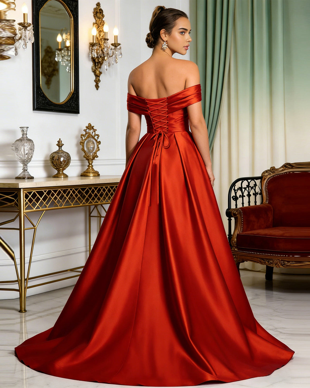 Red off-shoulder satin ball gown with ruched back and high front slit