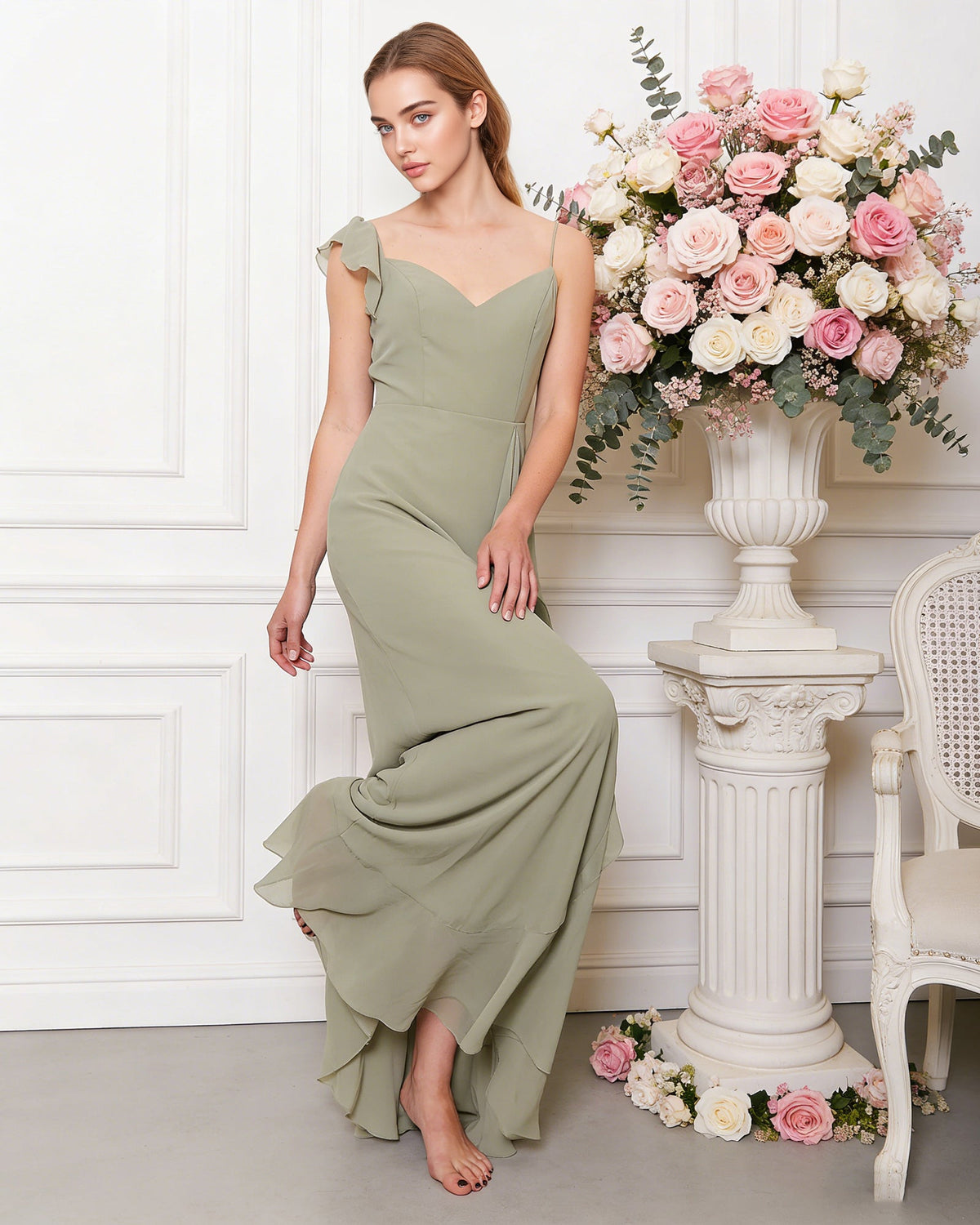 V-neck ruffle strap chiffon bridesmaid dress with cascading skirt - image 6
