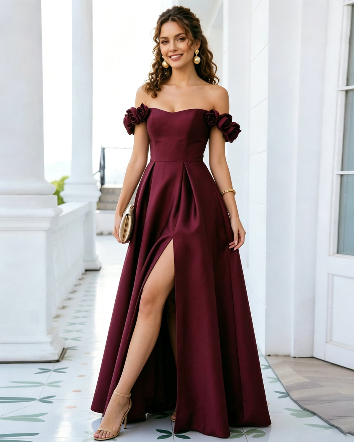 off shoulder floral sleeve satin formal dress with side slit - image 5