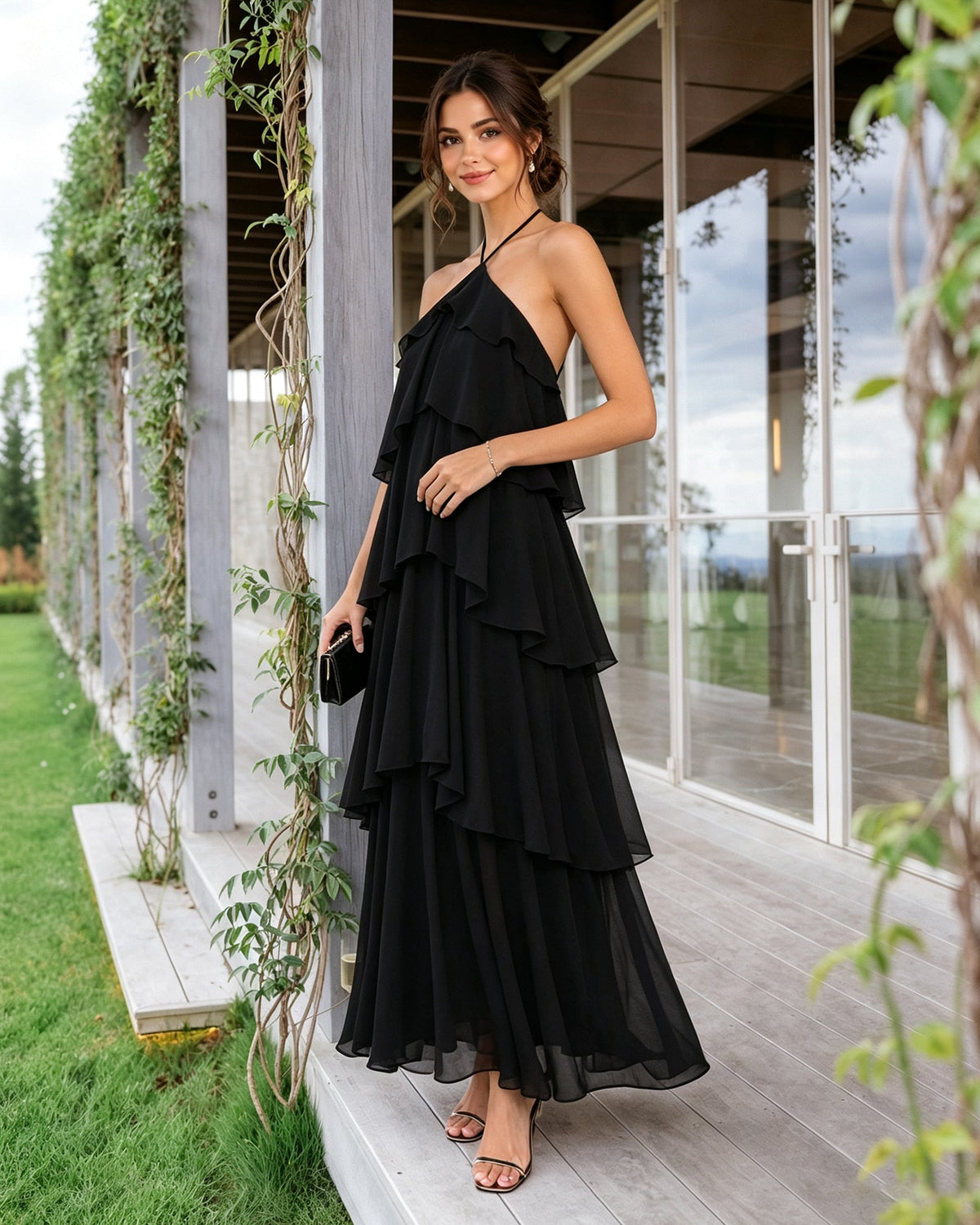 Black halter neck tiered chiffon bridesmaid dress with stacked ruffle overlay