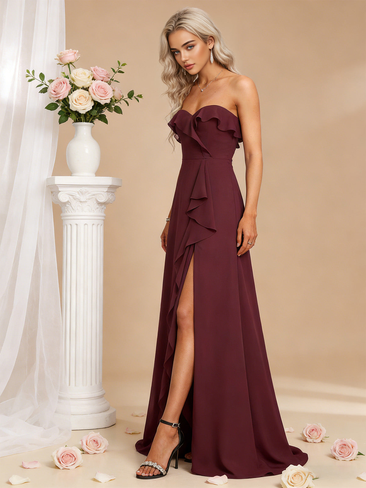 strapless chiffon bridesmaid dress with bow bodice and front slit - image 5