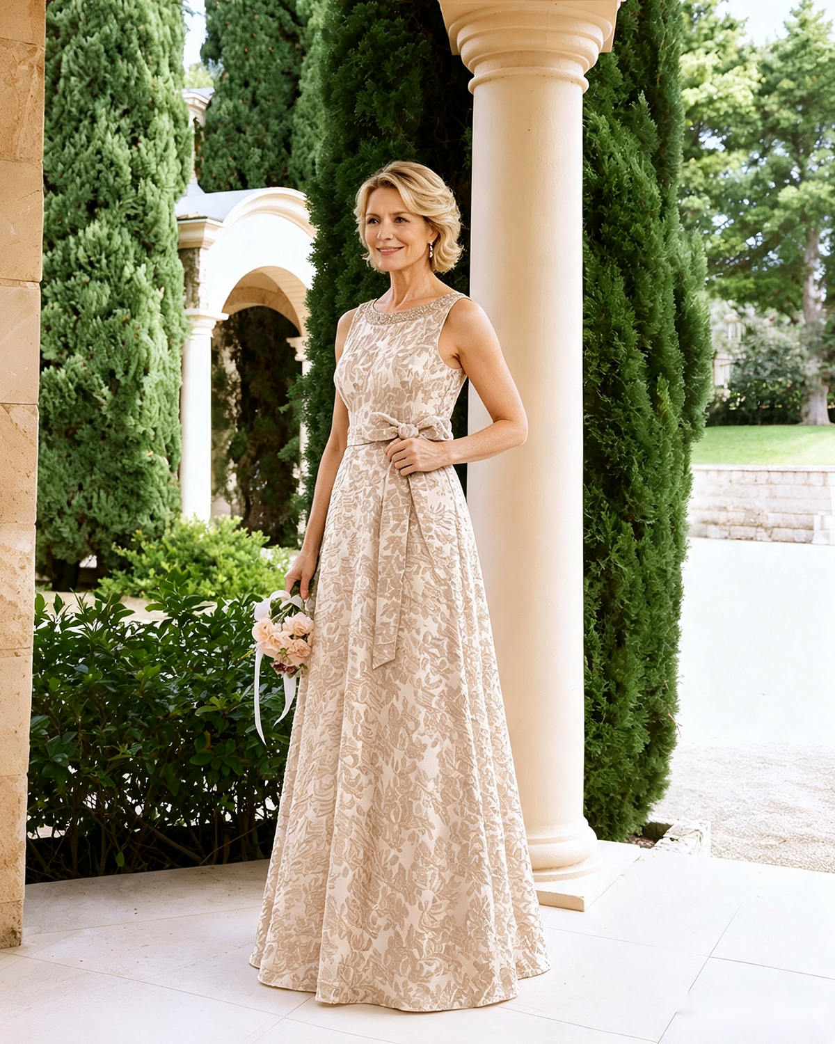 Champagne beige sleeveless lace A-line dress with tied waist bow and flowing maxi skirt