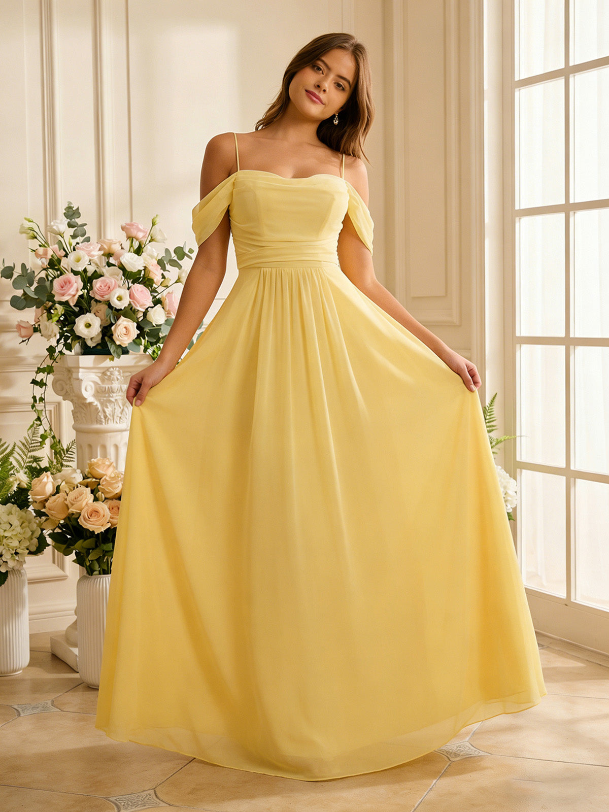 off shoulder chiffon bridesmaid dress with soft pleated bodice - image 5