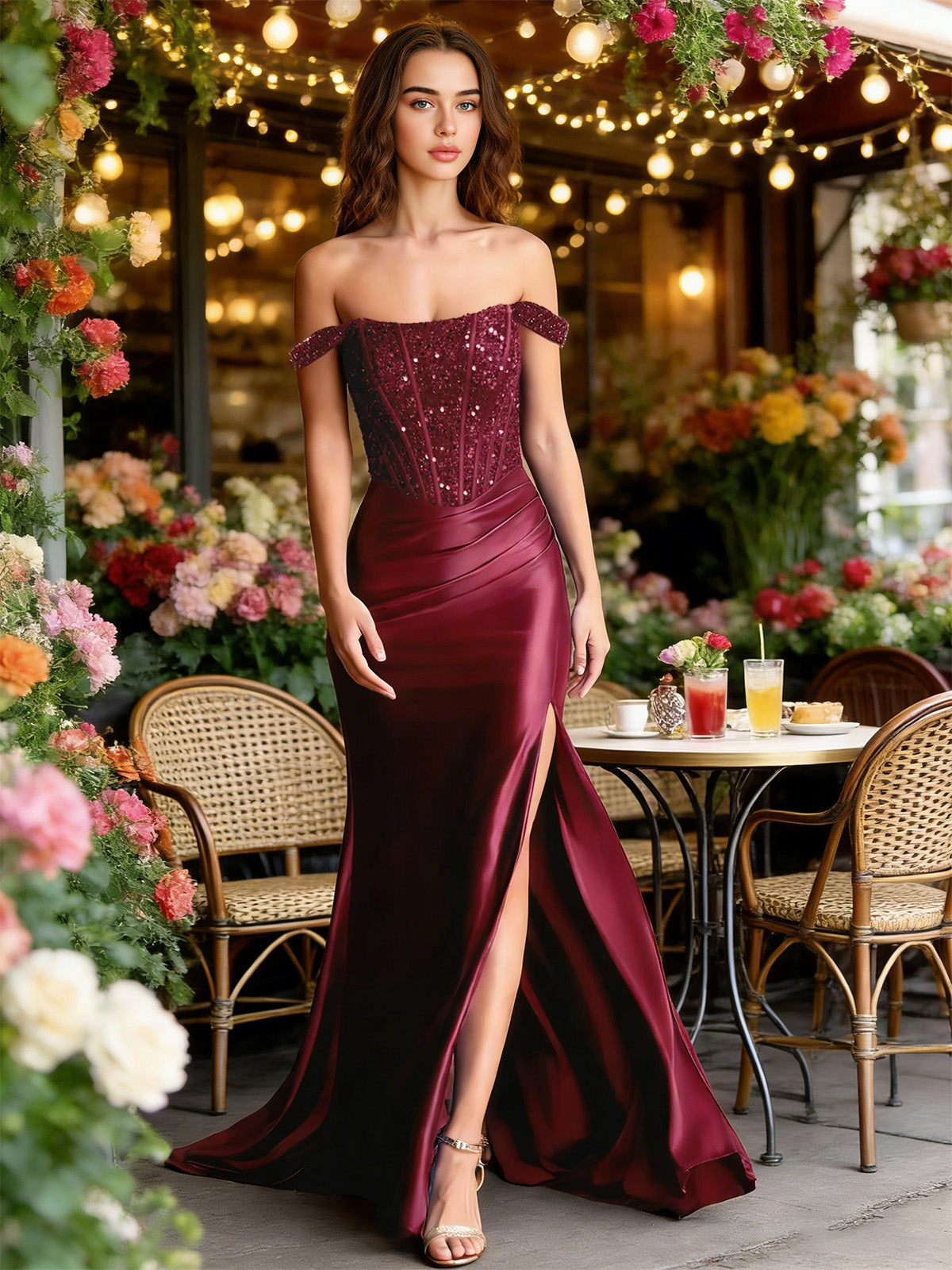 Burgundy off-shoulder sequin satin mermaid dress with front slit and fitted drape