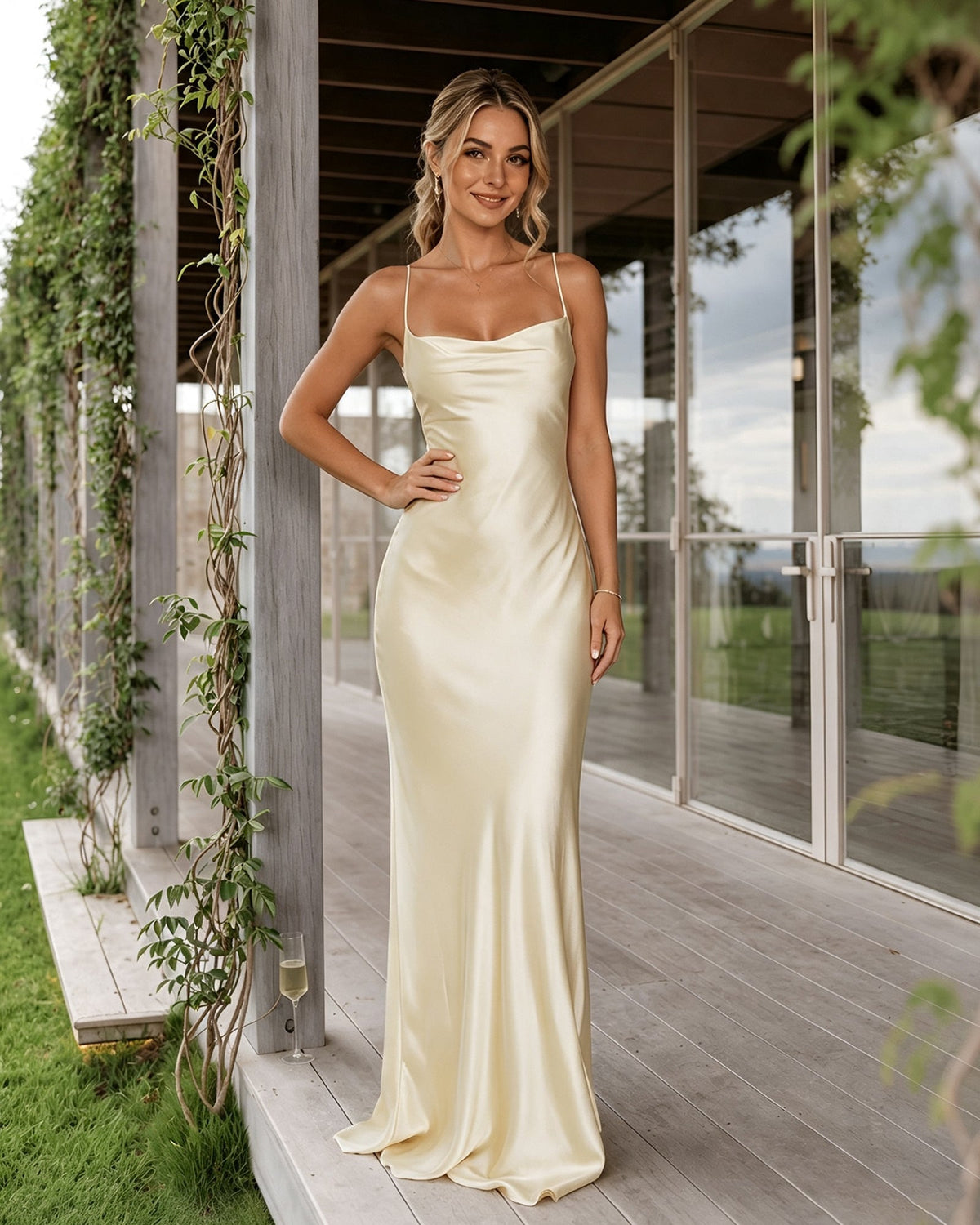 Satin slip bridesmaid dress with spaghetti straps and cowl neckline; cream