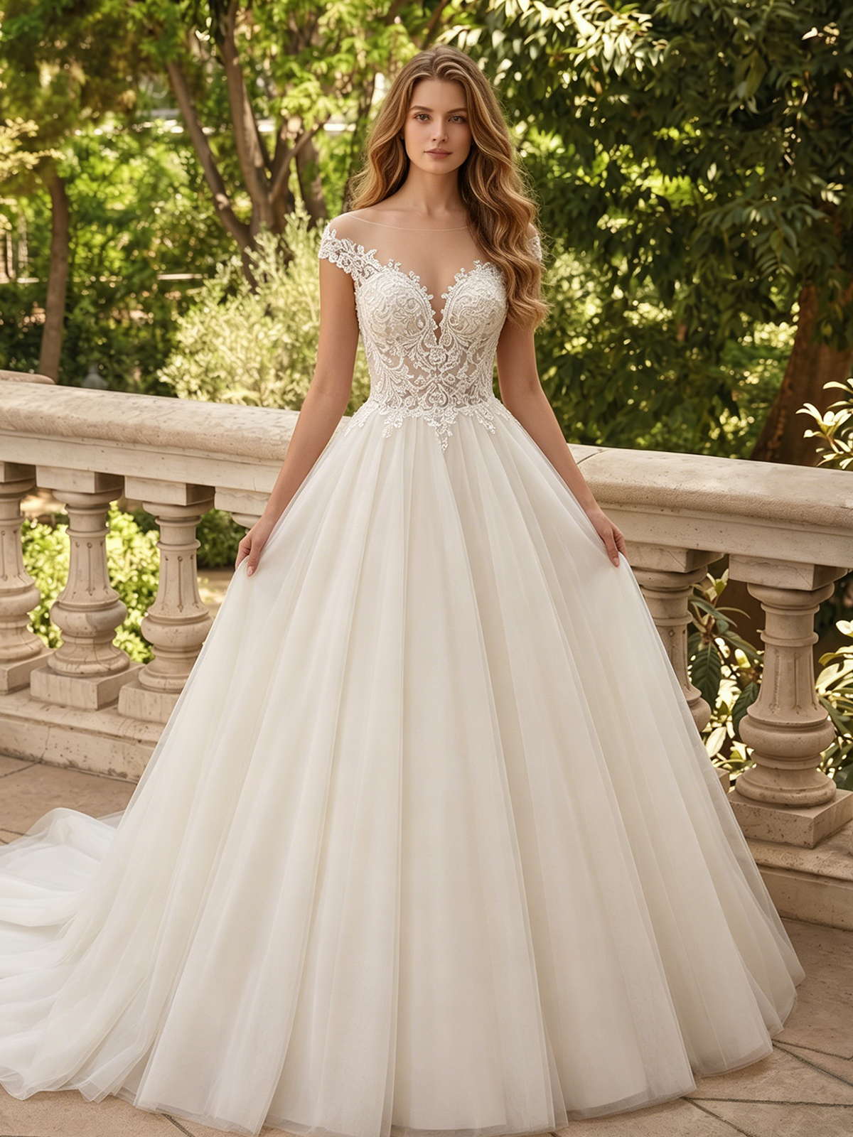 White floral lace bodice spaghetti-strap ball gown with voluminous tulle skirt, front view