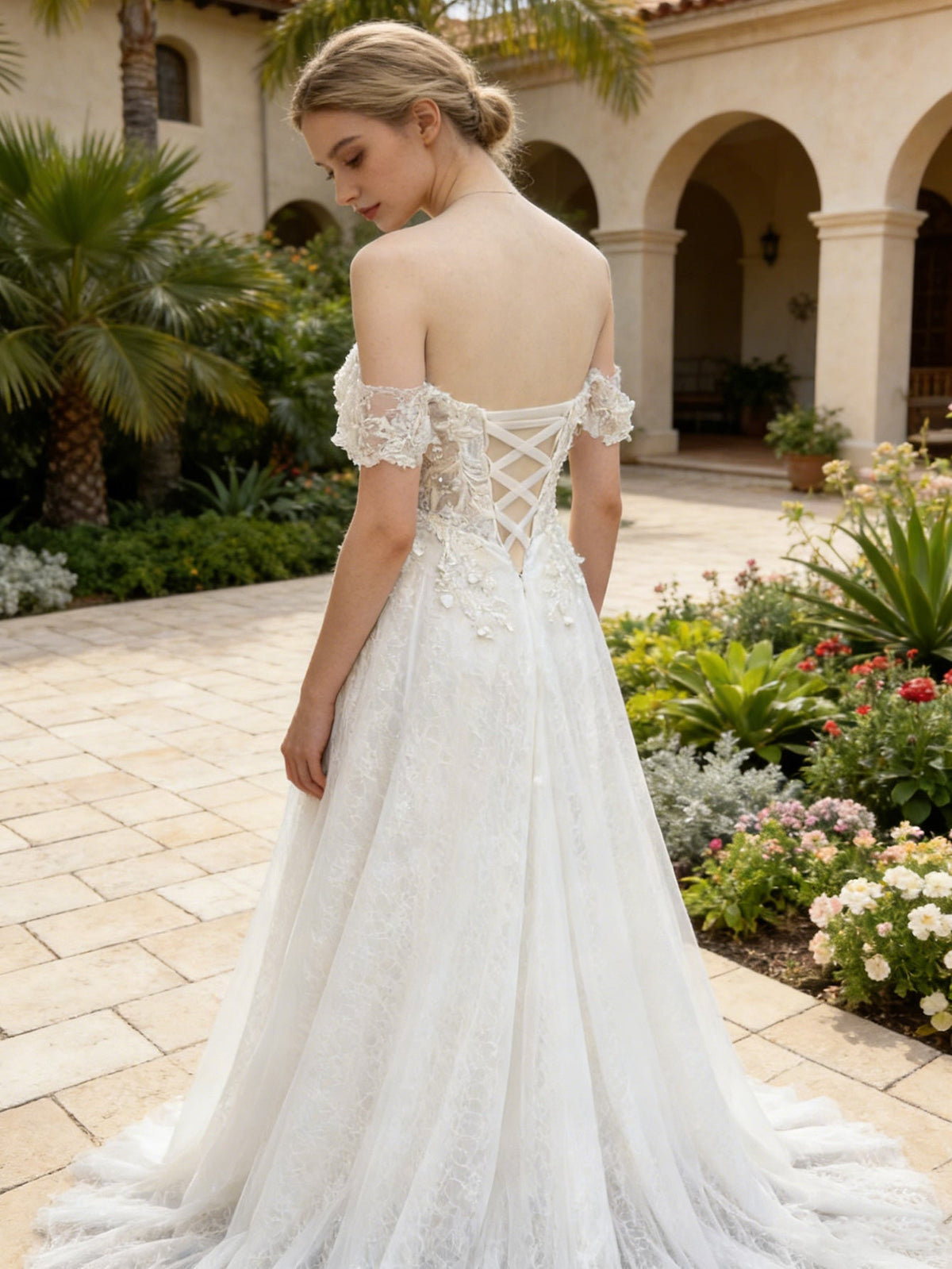 off shoulder lace tulle A-line wedding dress with flutter sleeve - image 5
