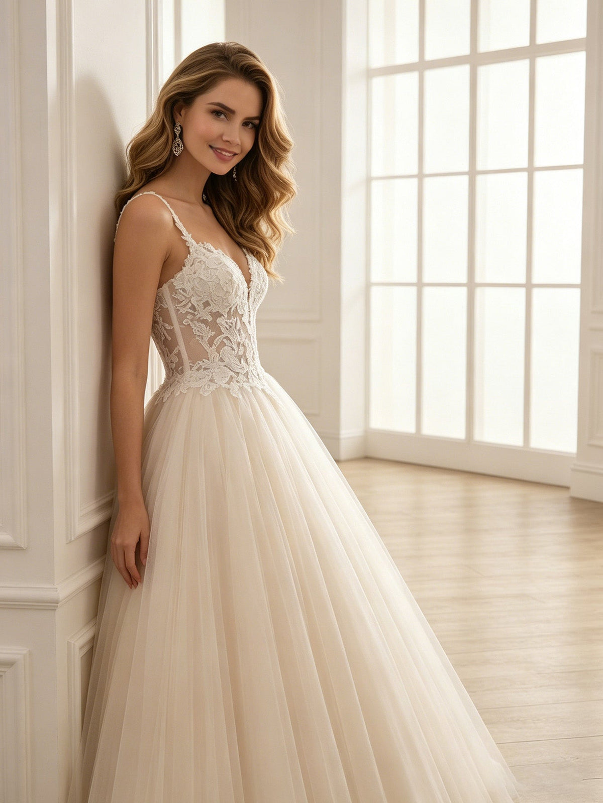 Ivory lace tulle ball gown wedding dress with lace bodice and thin spaghetti straps