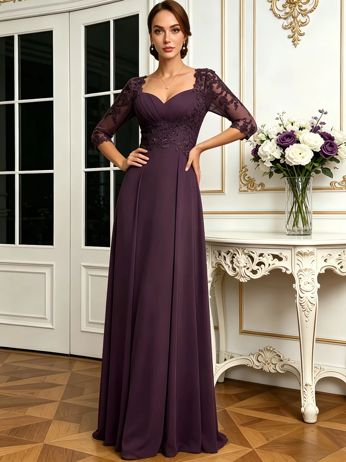 long sweetheart mother of the bride dress with lace jacket, chiffon skirt, and A-line silhouette alternate angle showing fabric drape and occasion-ready fit
