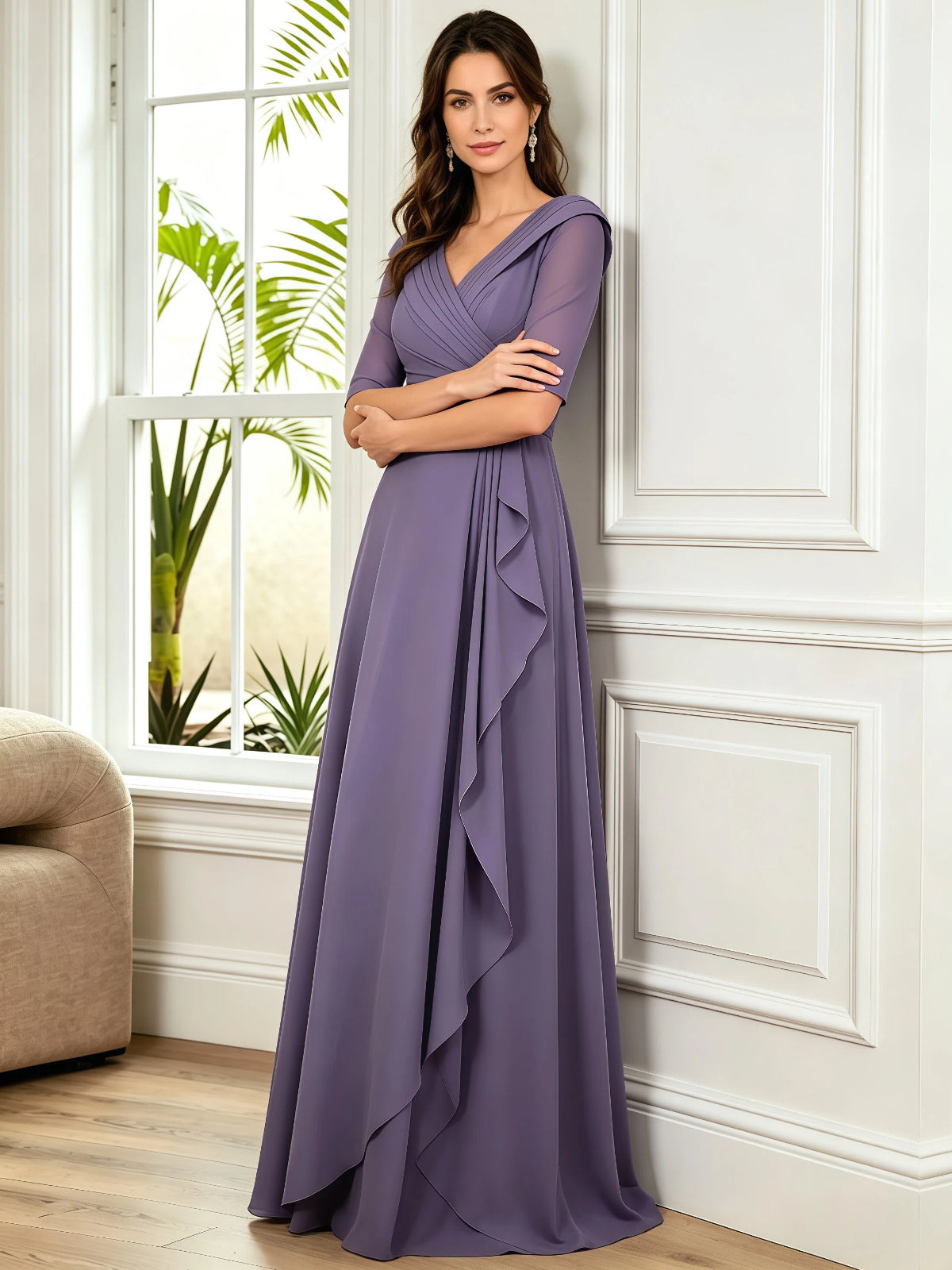 Lilac chiffon V-neck A-line gown with half sleeves and gathered side drape at waist