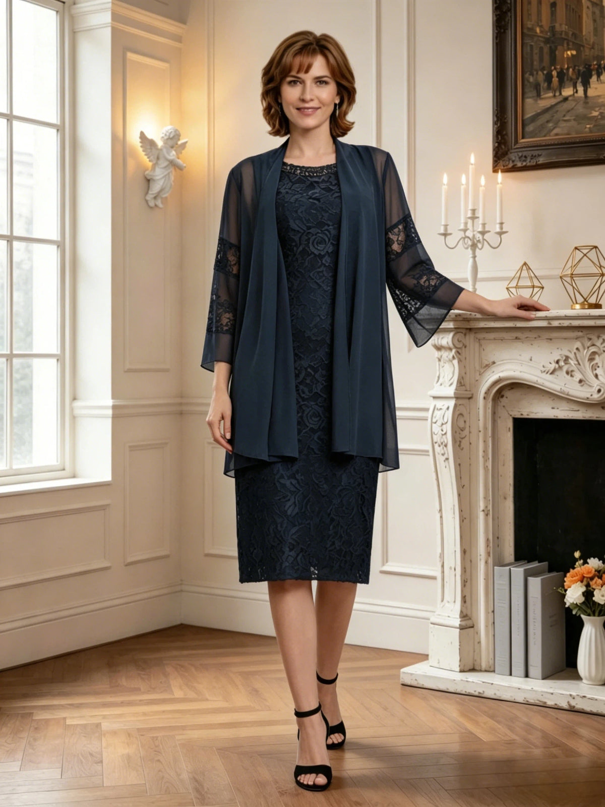 knee length lace mother of the bride dress with matching sheer chiffon jacket additional view for mother of the bride and wedding guest outfit