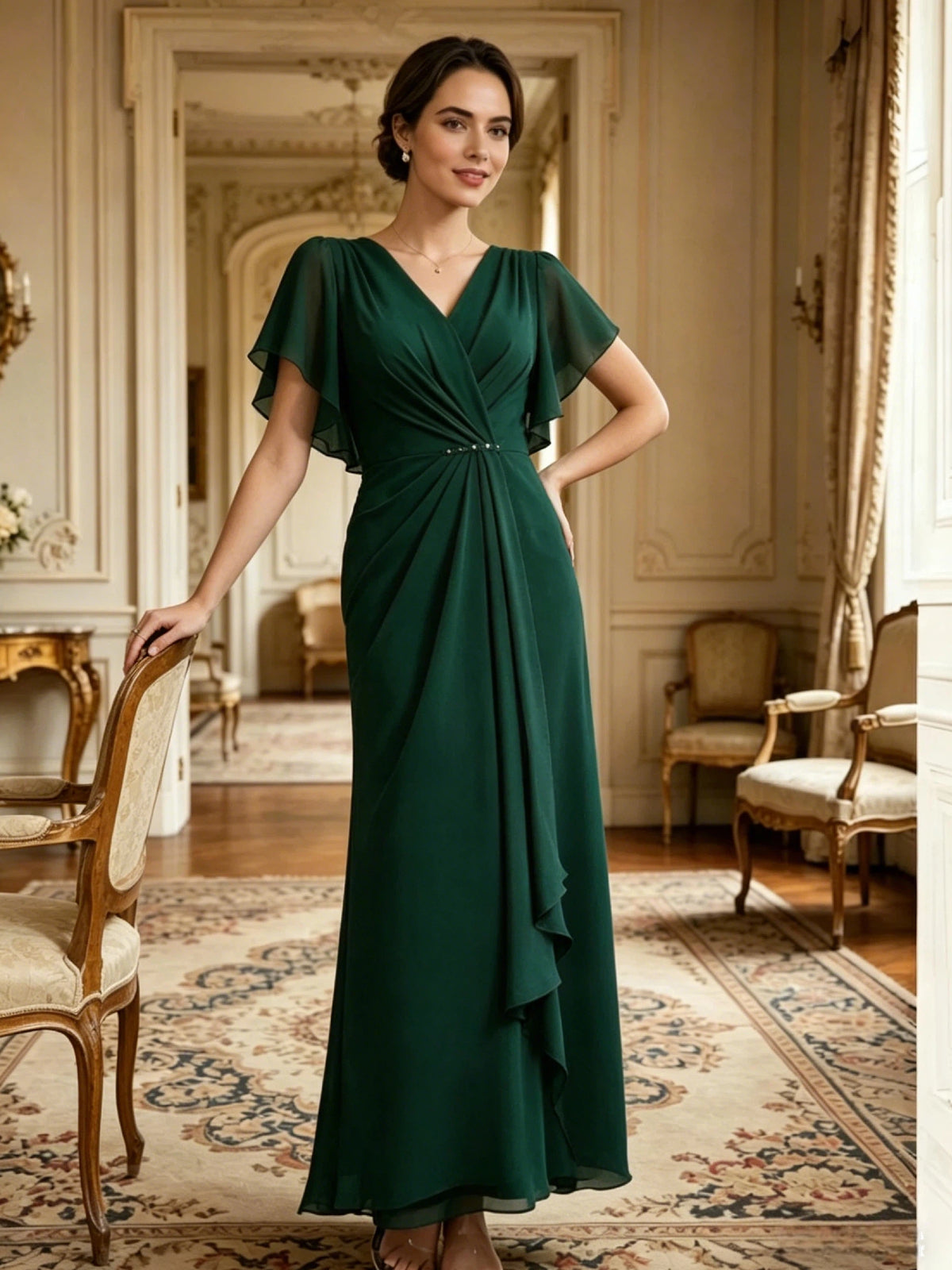 Deep green chiffon mother-of-the-bride dress with V-neck, flutter sleeves, and layered ruffle skirt
