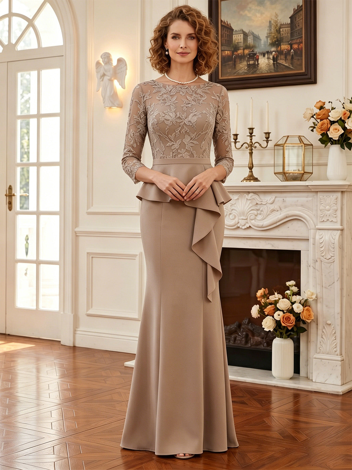 long mother of the bride dress with lace illusion bodice, peplum waist, and mermaid skirt alternate angle showing fabric drape and occasion-ready fit