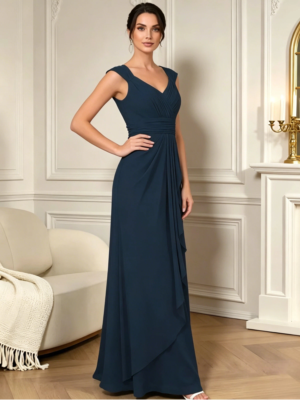 long sleeveless V-neck chiffon mother of the bride gown with pleated bodice and cascading ruffle detail additional view for mother of the bride and wedding guest outfit