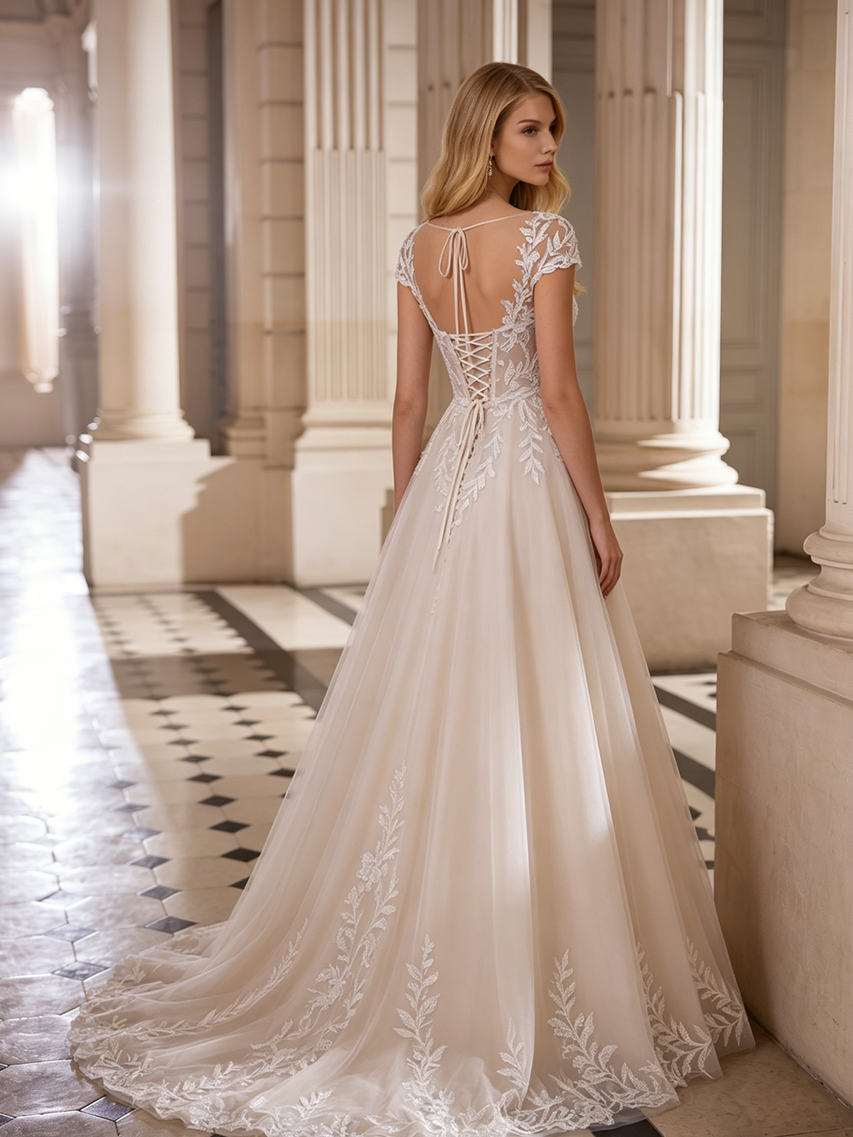 spaghetti strap lace tulle A-line wedding dress with beaded bodice - image 6