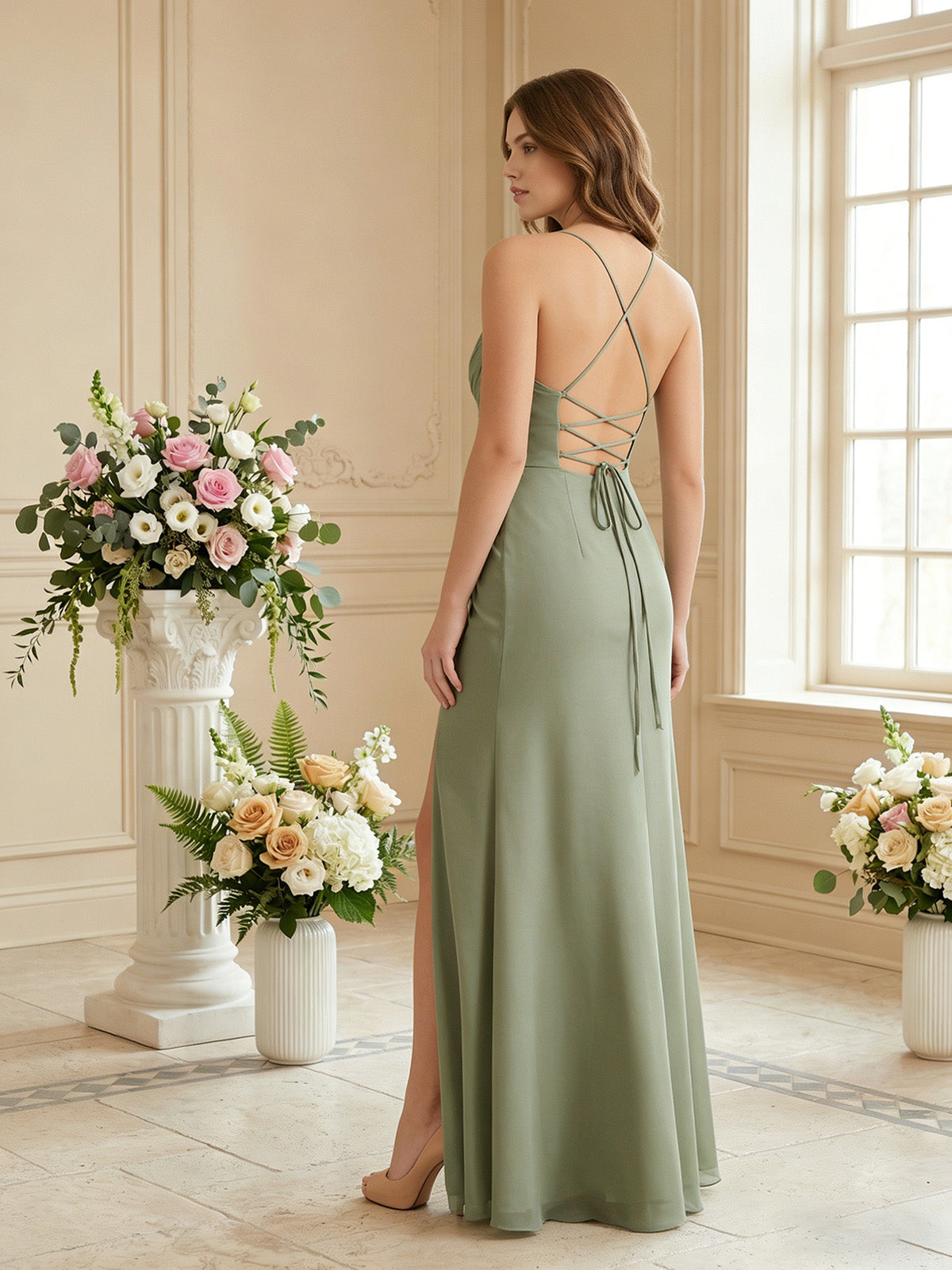 one shoulder ruched chiffon bridesmaid dress with front slit - image 6