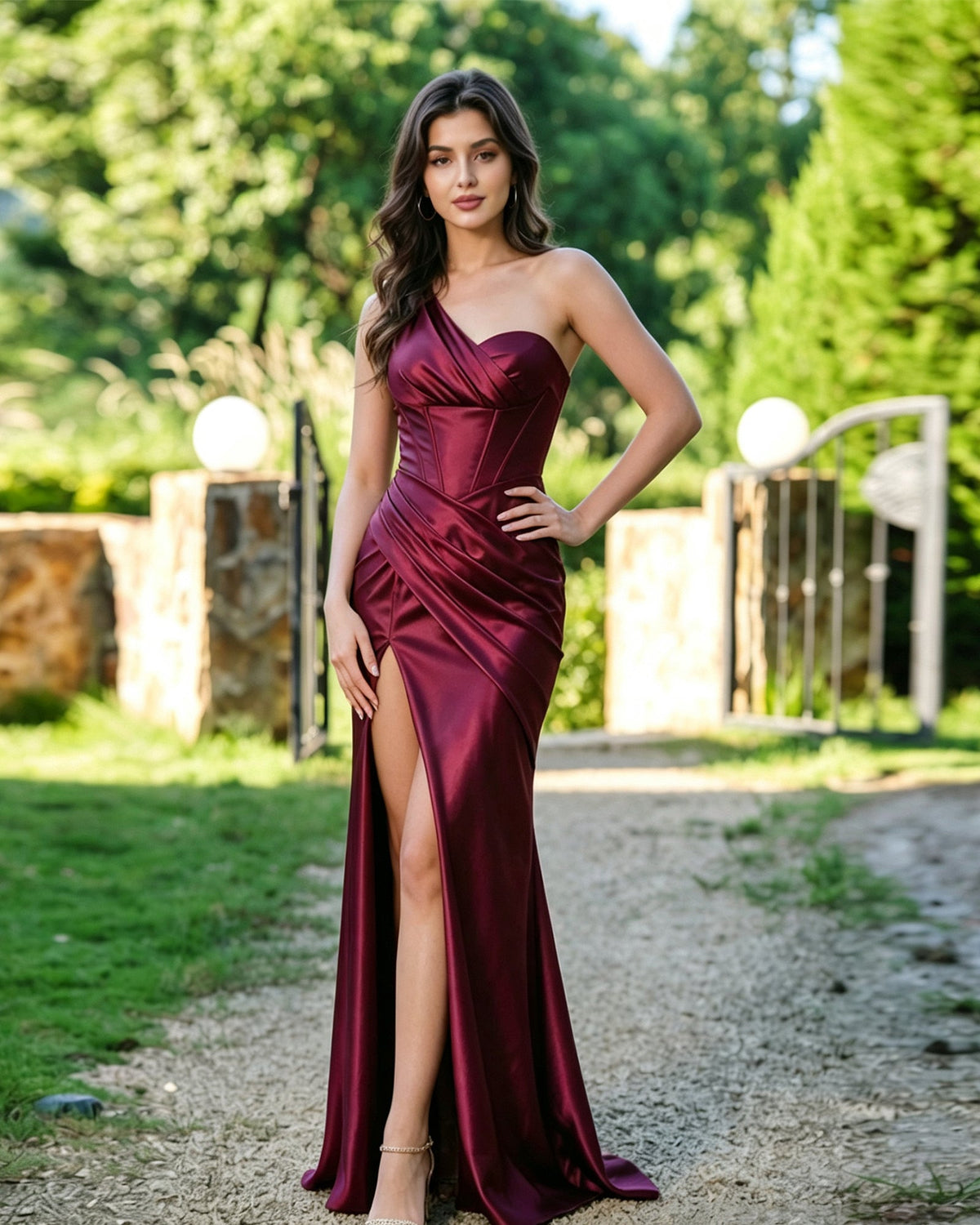 one shoulder satin formal dress with corset bodice and slit - image 6