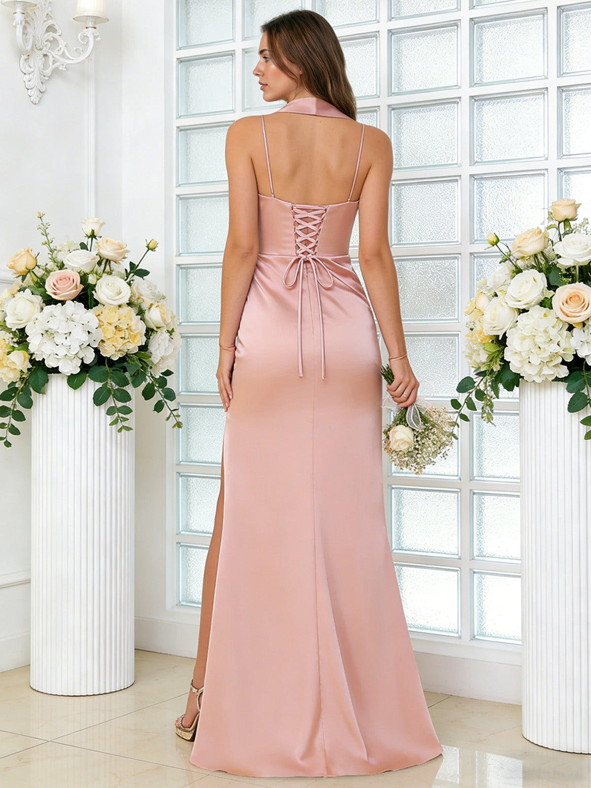 Blush pink one-shoulder satin dress, ruched back with lace-up detail