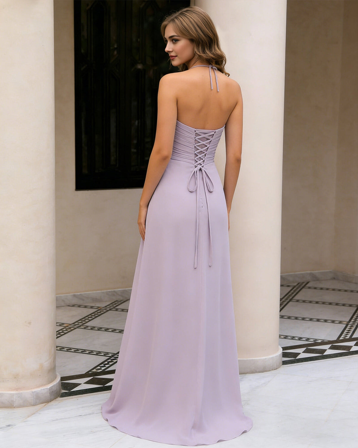 Lilac halter chiffon maxi dress, open-back design with tie and braided straps