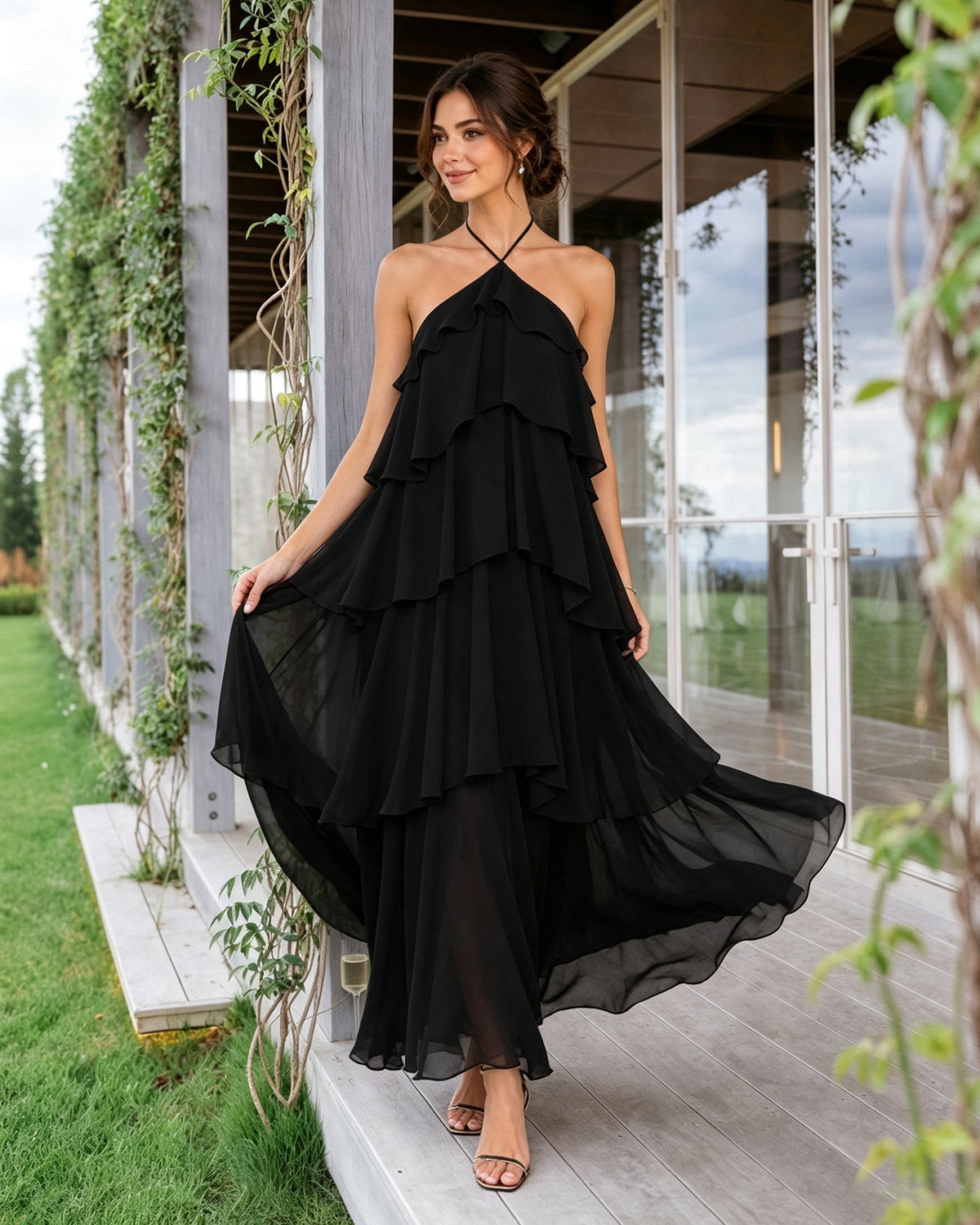 Black halter neck tiered chiffon bridesmaid dress with flowing chiffon ruffle tiers