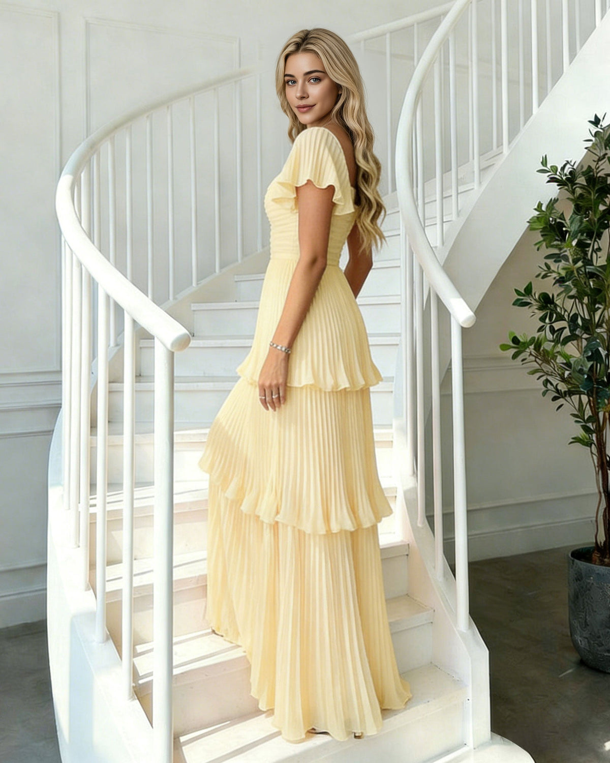 Tiered ruffle chiffon bridesmaid dress with sweetheart neckline, flutter sleeves, yellow.
